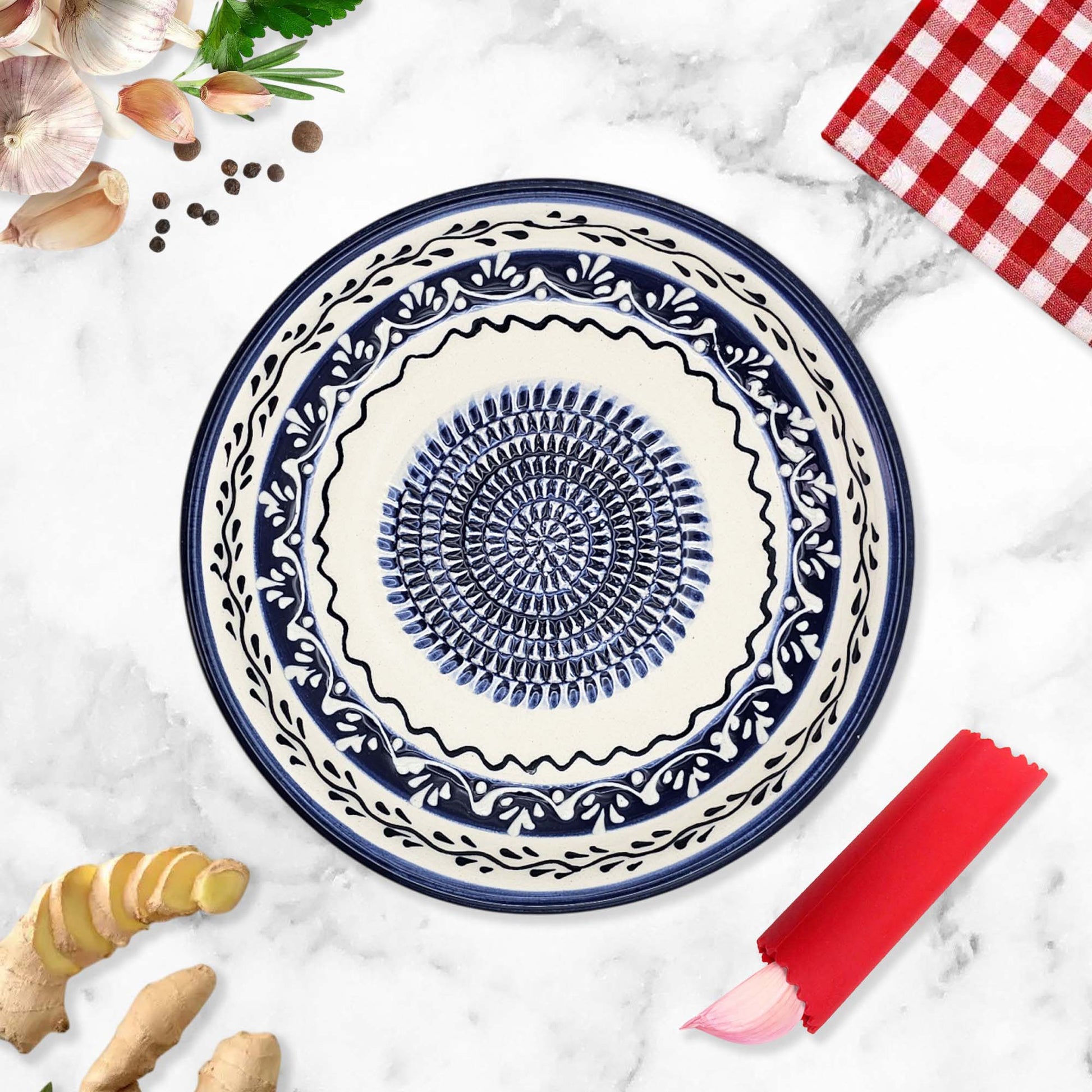 Handmade ceramic garlic grater bowl in Marine Vines design. Large 7” size, perfect for garlic, ginger & spices. Elegant artisan style, dishwasher safe.