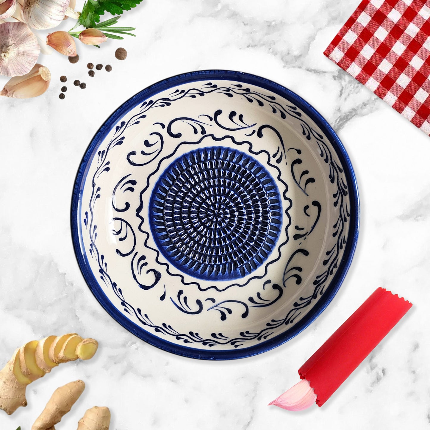 Garlic Grater Bowl, Blue Swirls Design Grater Plate, 7" Ceramic Garlic Grinder, Decorative Grater Bowl