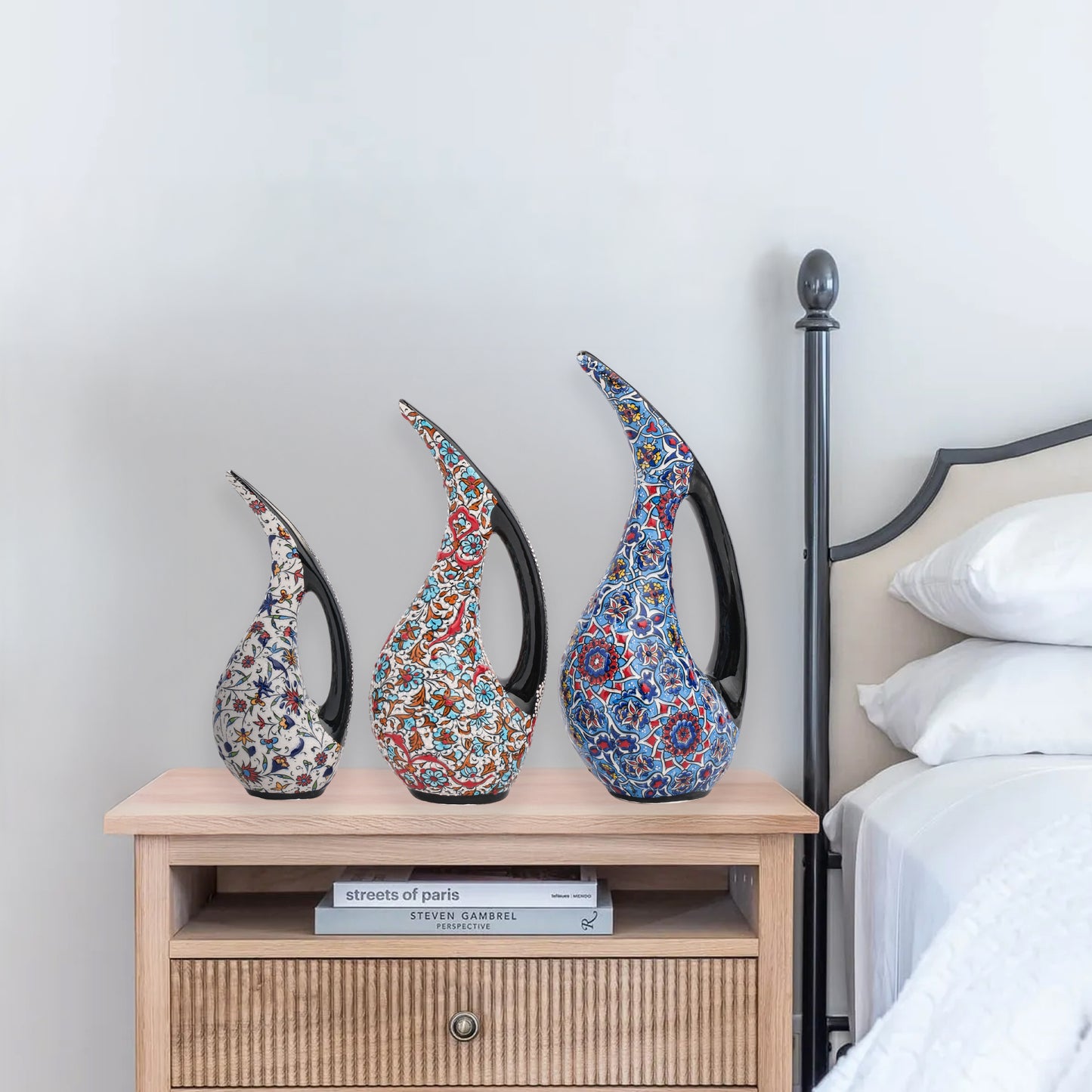 Handmade Ceramic Ewer, Ottoman Floral Decorative Ewer, Decorative Pitchers Set of 3
