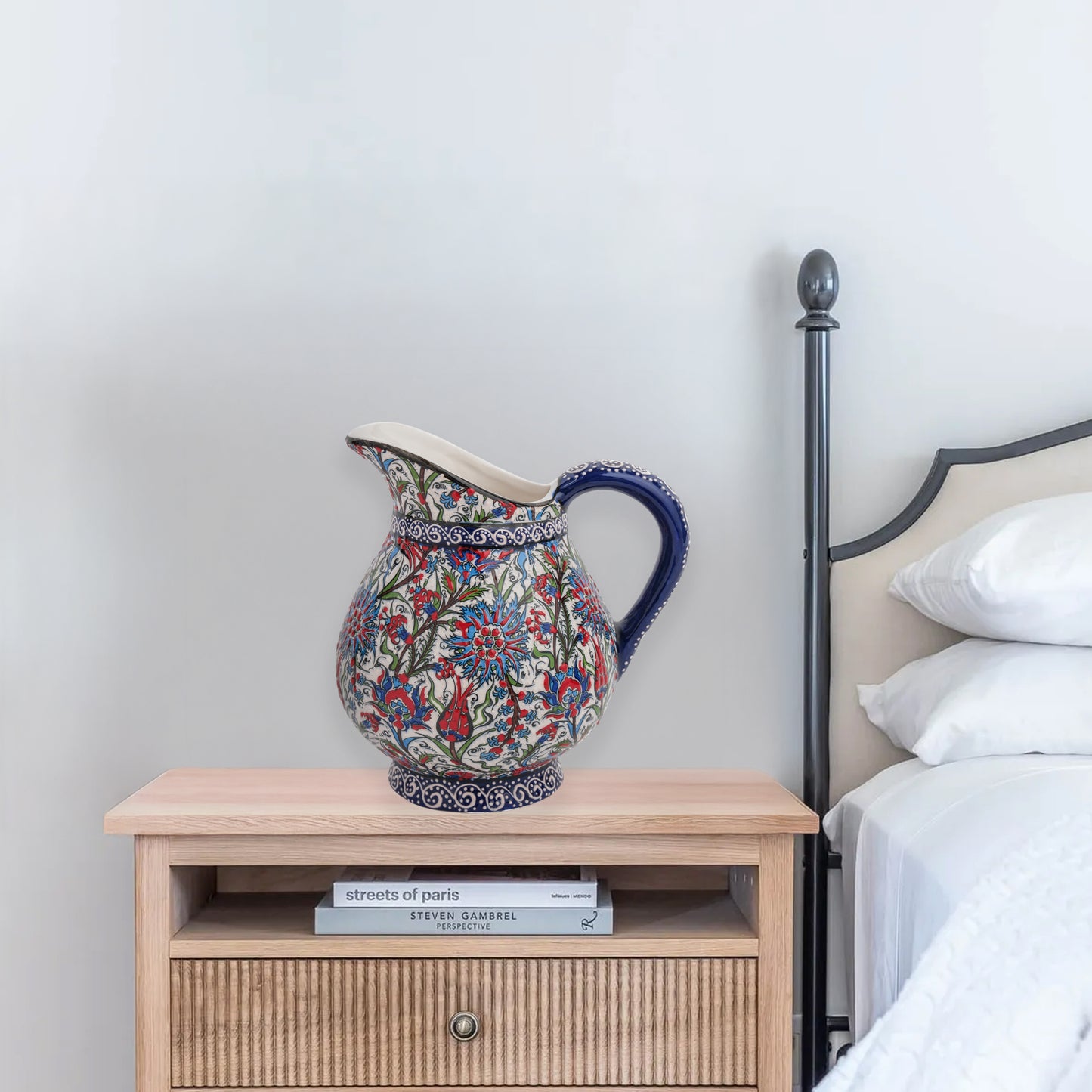 Handmade Ceramic Pitcher, Traditional Floral Decorative Ewer, Decorative Pitcher