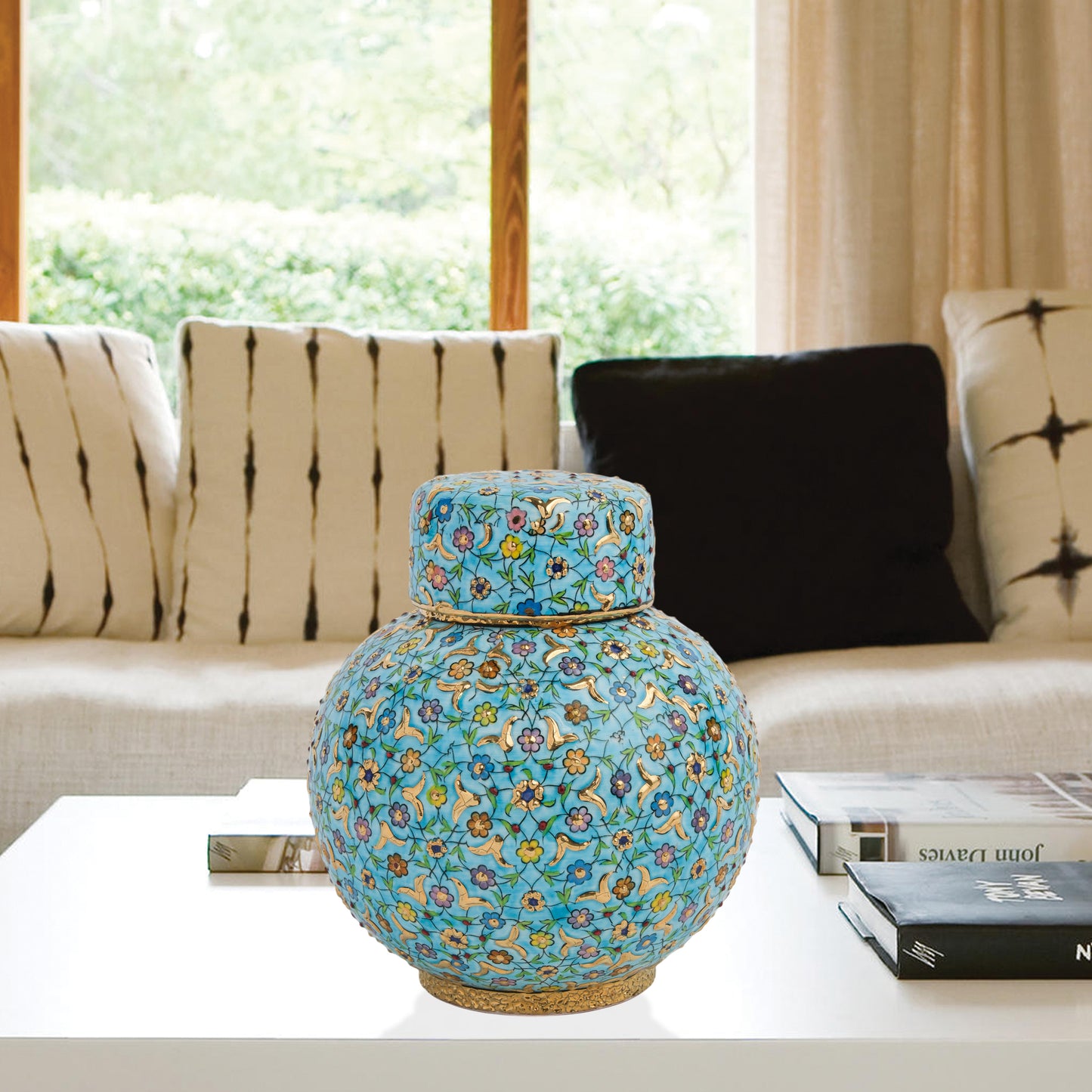 Hand-painted Turquoise Blossom ceramic jar with lid. Features floral motifs in turquoise, lavender & gold. Round melon shape, artisan-made, perfect décor.