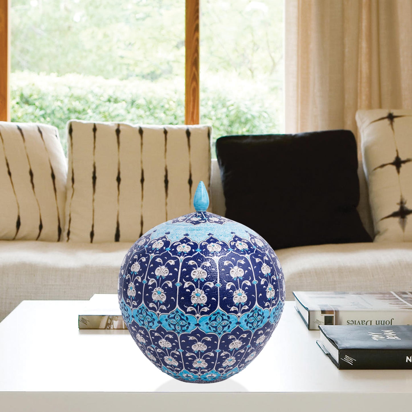 Hand-painted Ottoman Blue globe jar with white floral motifs on navy and turquoise. Round lidded ceramic jar, artisan-made, perfect décor or gift.