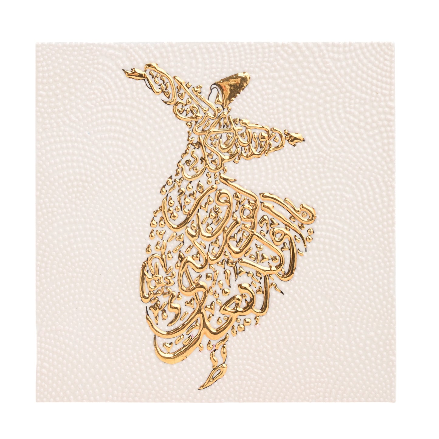 A handmade ceramic tile featuring a golden whirling dervish silhouette formed entirely of Arabic calligraphy on a textured ivory background.