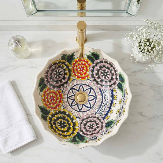 Wildflower Garden Ceramic Vessel Sink, Handpainted Floral Bathroom Basin