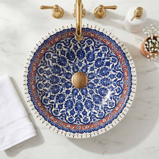 Sapphire Bloom Ceramic Vessel Sink, Handpainted Turkish Bathroom Basin