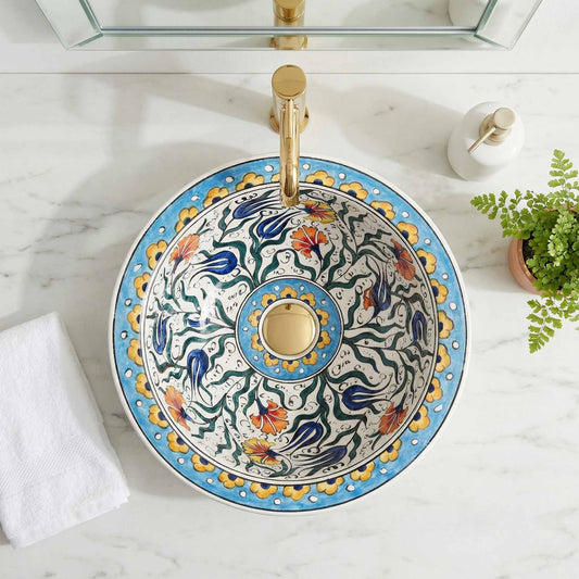 Sunlit Tulip Ceramic Vessel Sink, Handpainted Turkish Bathroom Basin