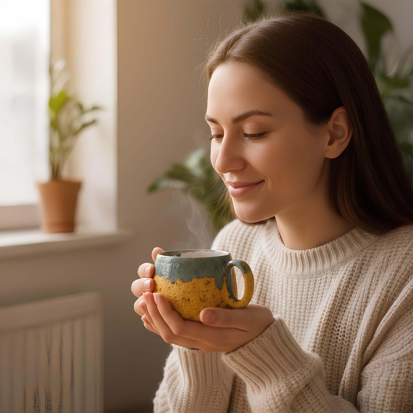 Woman holding a mug in a cozy indoor setting with plants.