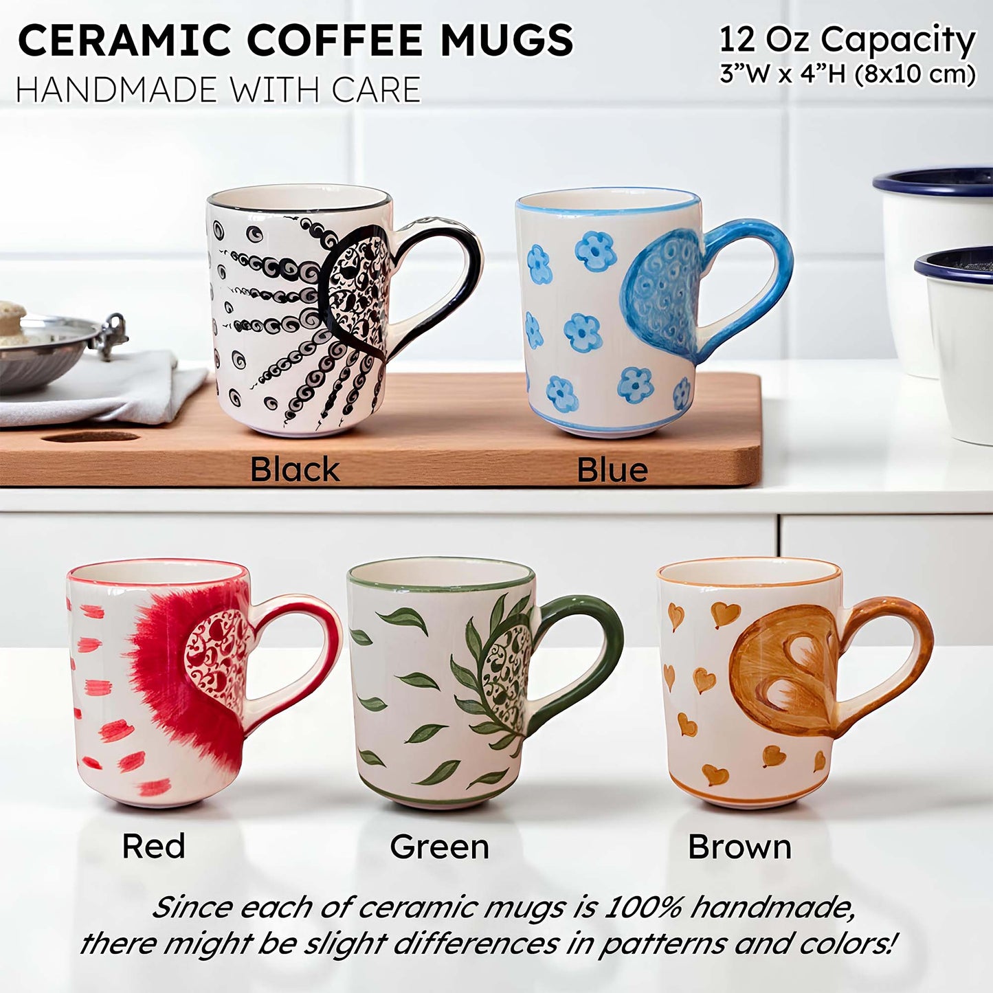 Ceramic coffee mugs in black, blue, red, green, and brown with capacity details on a white background.