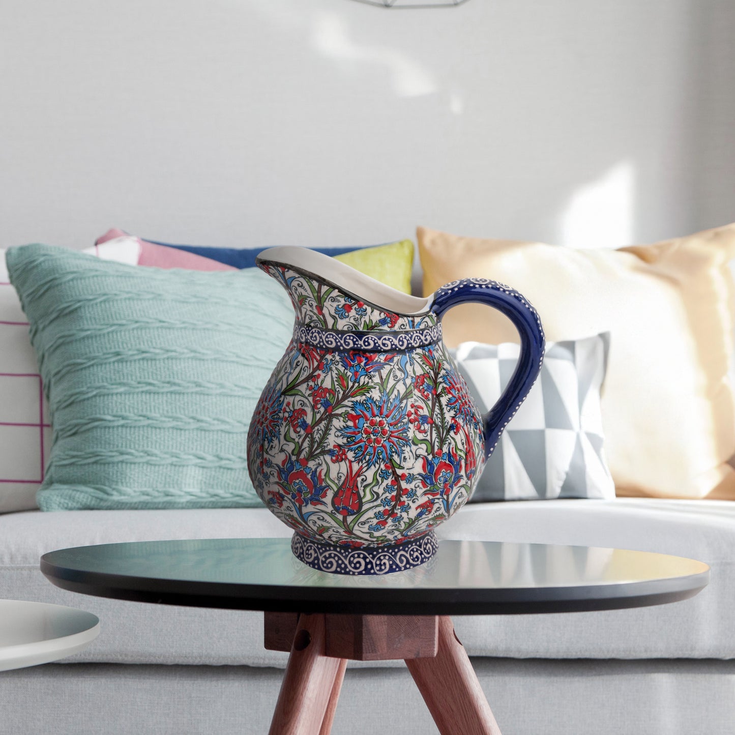 Handmade Ceramic Pitcher, Traditional Floral Decorative Ewer, Decorative Pitcher