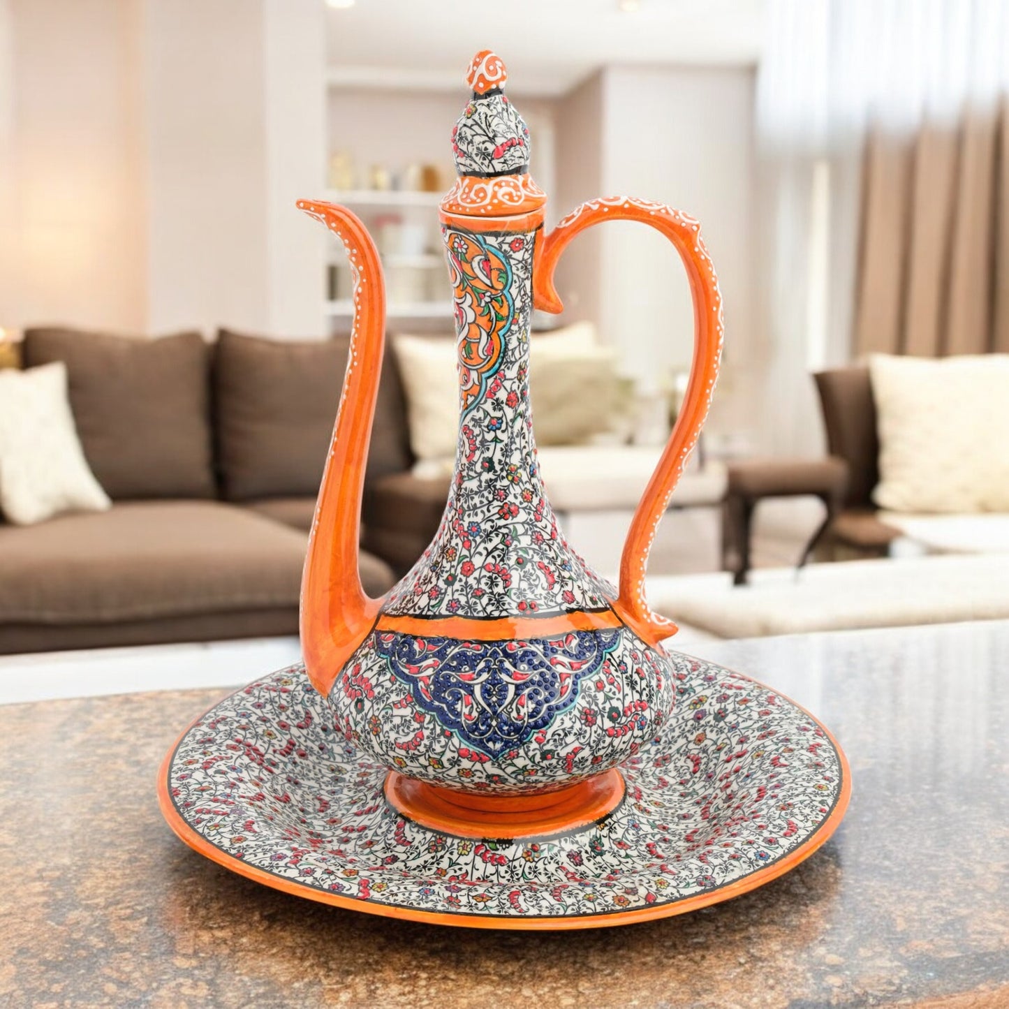 Handmade Ceramic Ewer, Ottoman Style Decorative Ewer Set, Decorative Pitcher