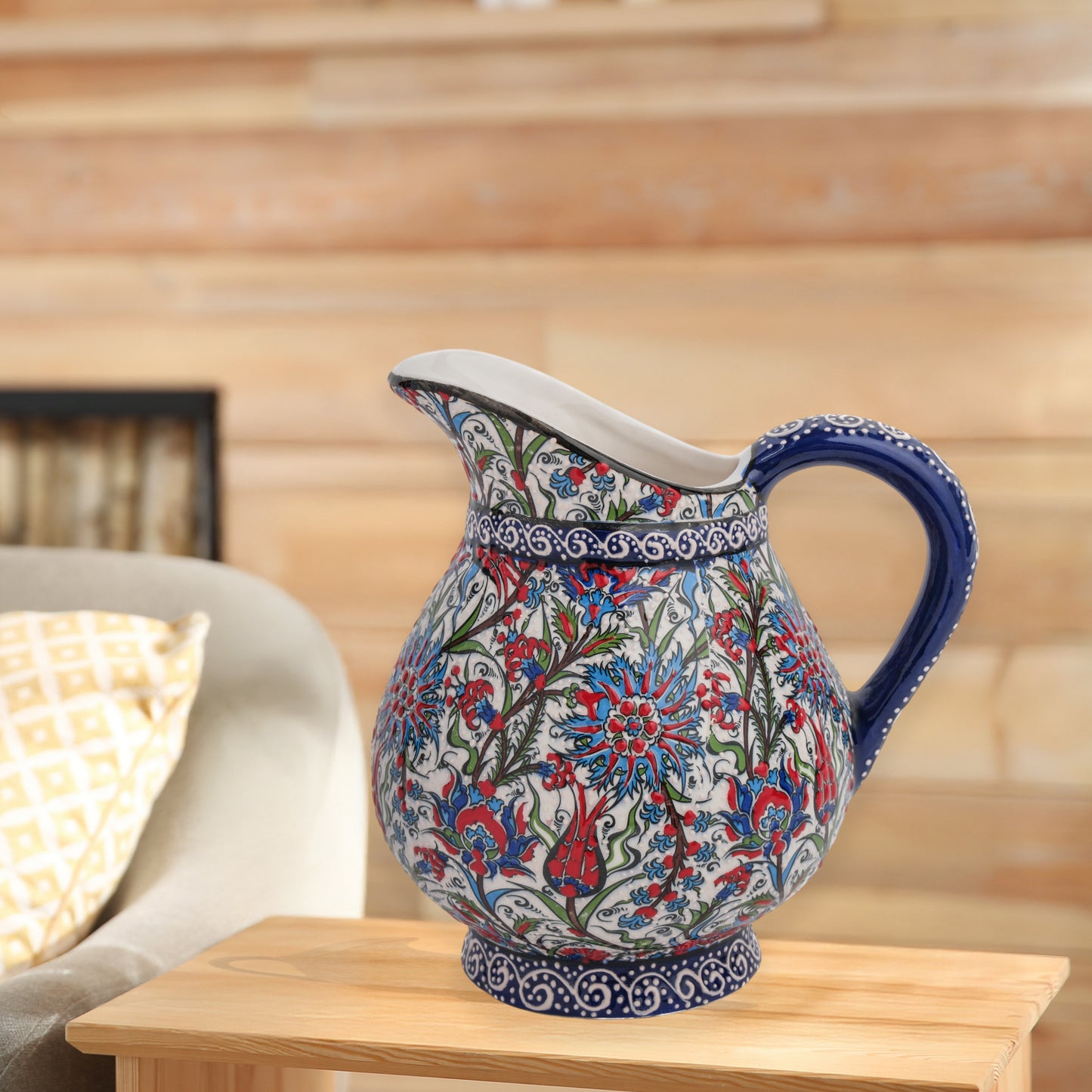 Handmade Ceramic Pitcher, Traditional Floral Decorative Ewer, Decorative Pitcher