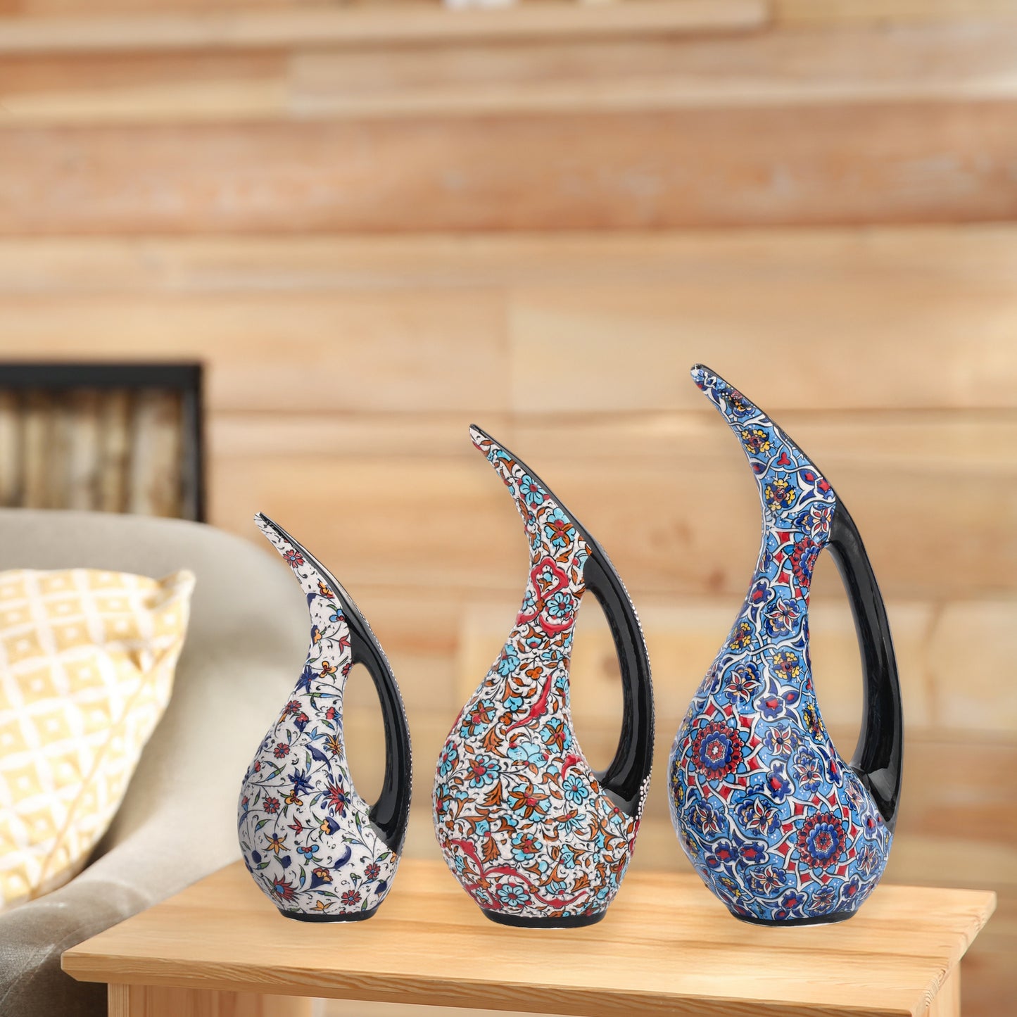 Handmade Ceramic Ewer, Ottoman Floral Decorative Ewer, Decorative Pitchers Set of 3