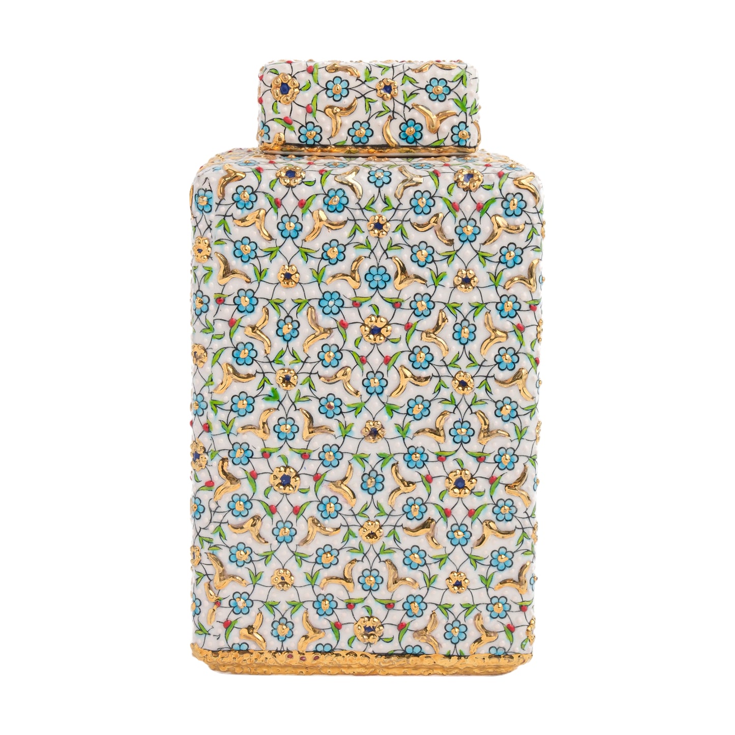 Handmade Ceramic Jar, Turquoise Bloom Decorative Jar with Lid, Ceramic Square Jar