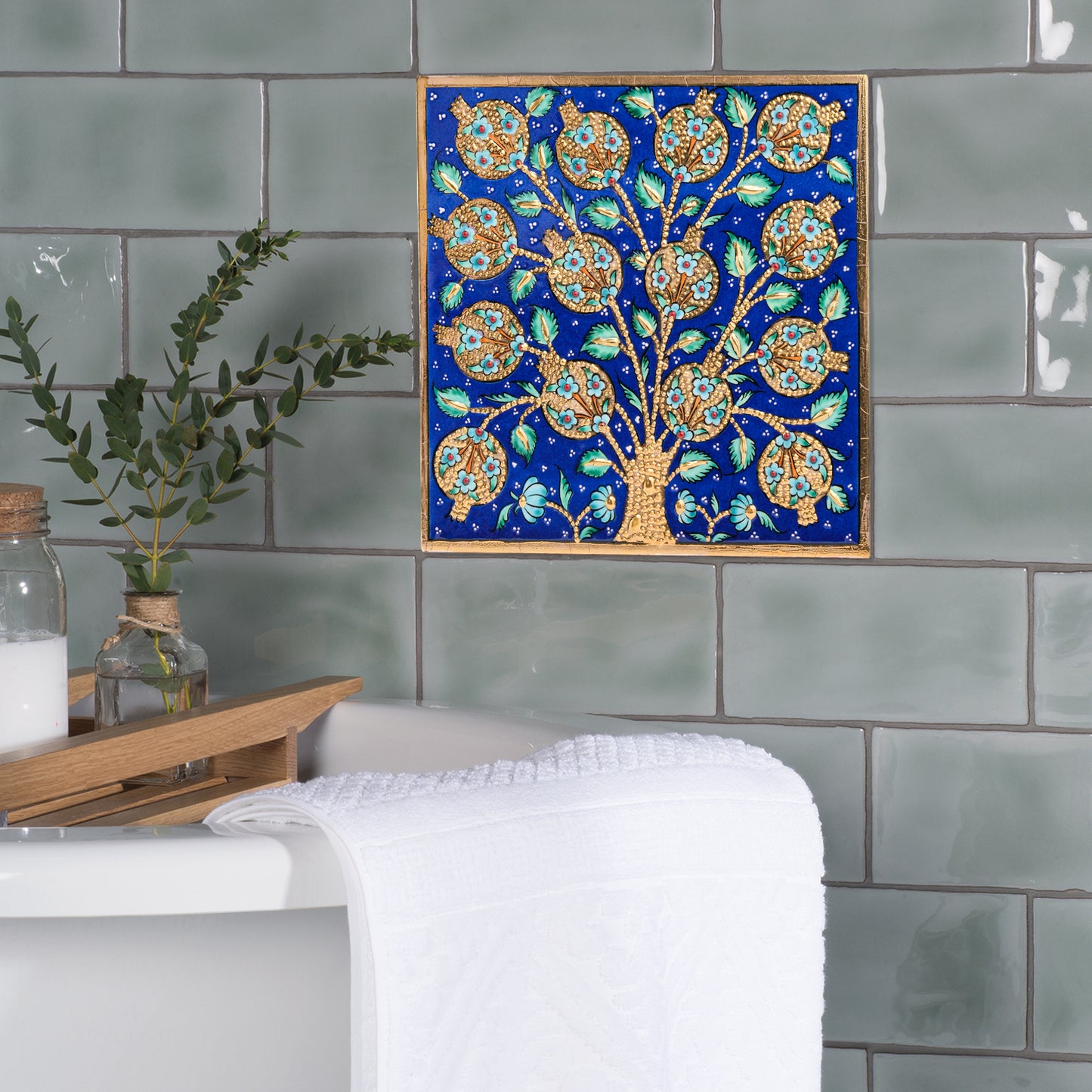 Handmade Ceramic Tile, Blue Pomegranate Tree Tile