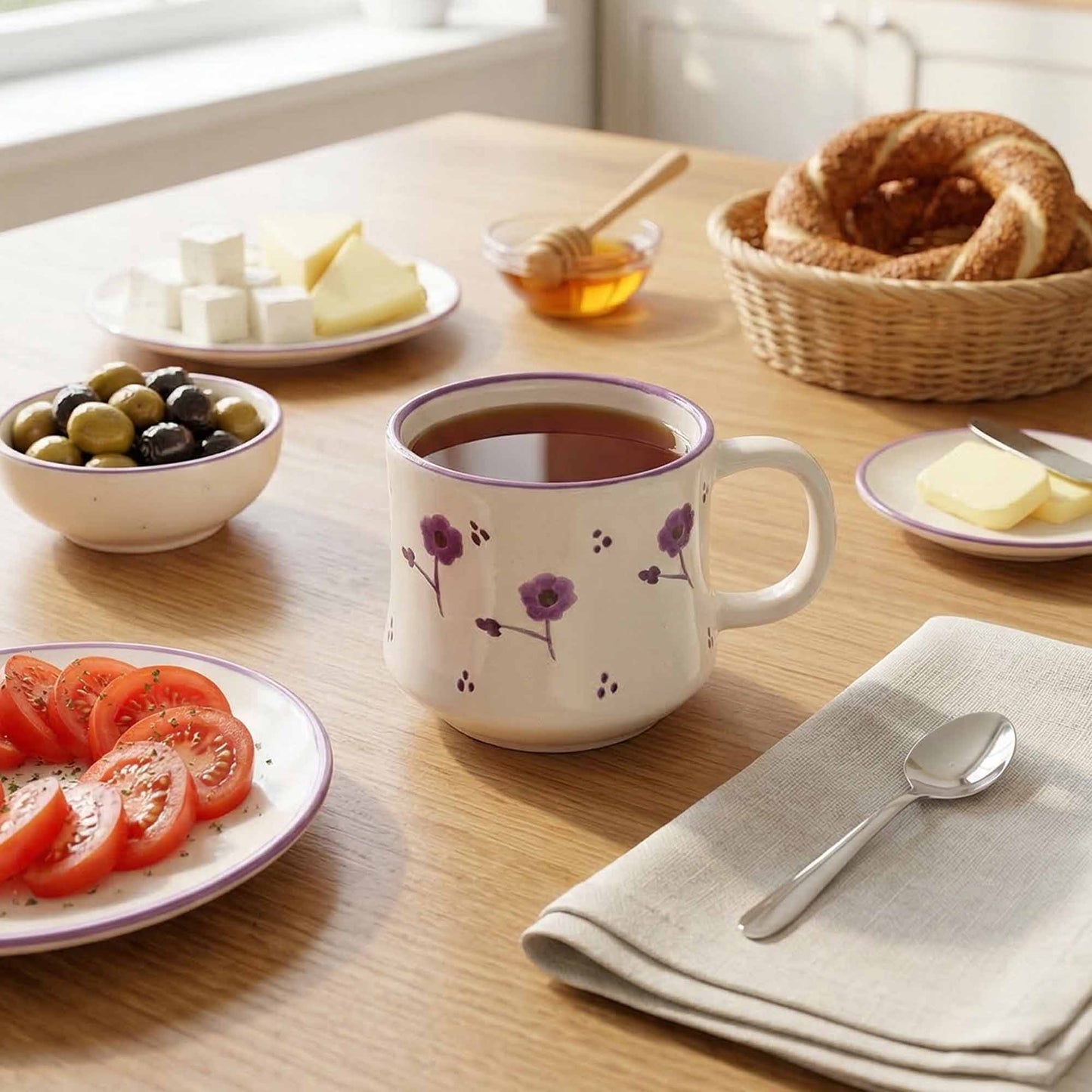 Mug with floral design on a wooden table with food items