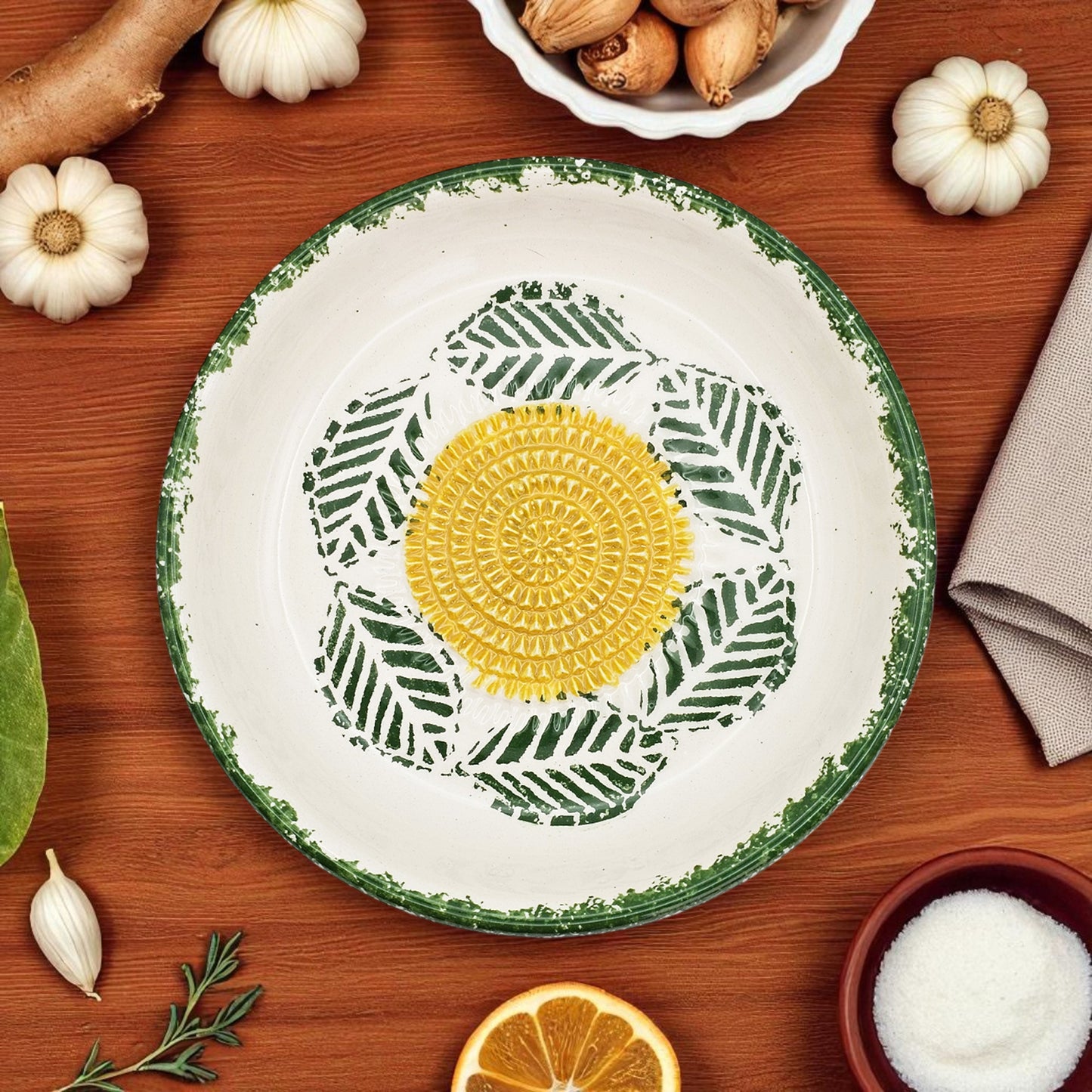 Garlic Grater Bowl, Tropical Green Plate, 7" Ceramic Garlic Grinder, Decorative Grater Bowl