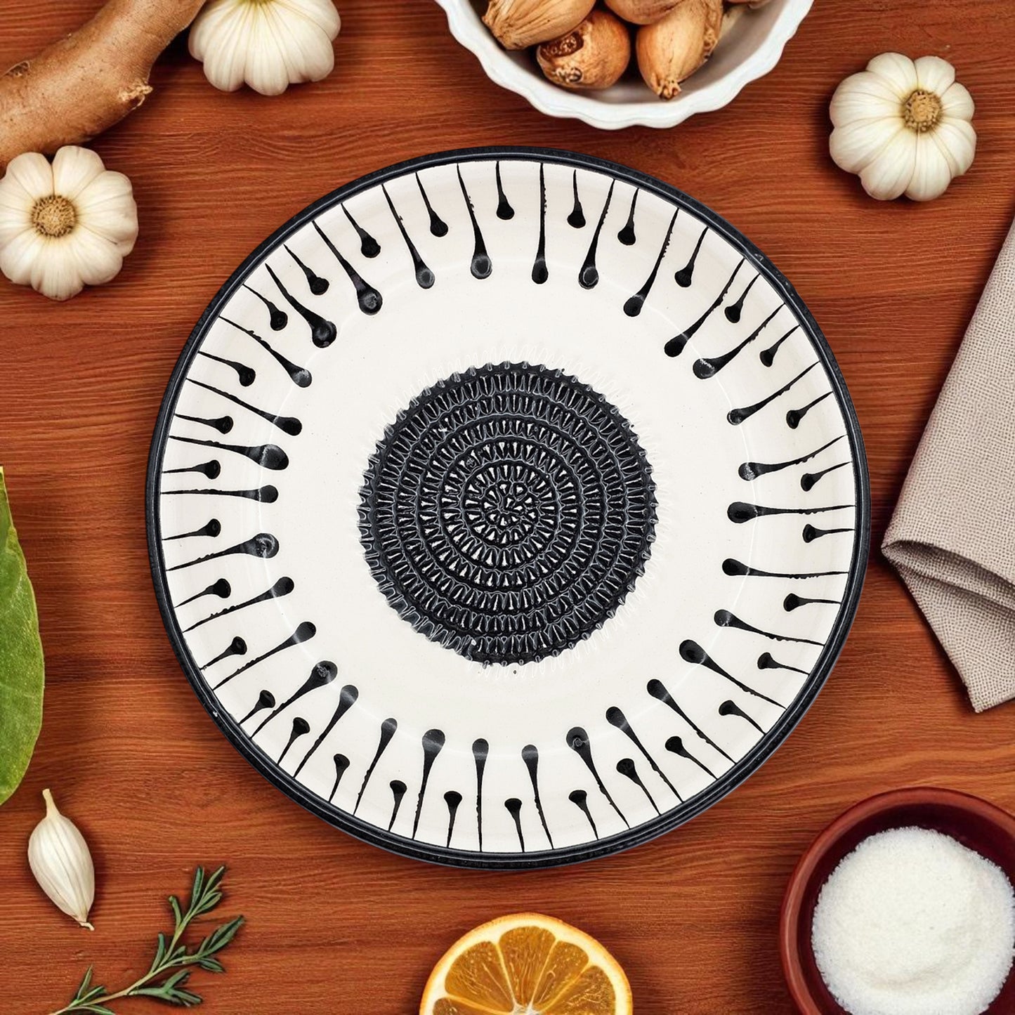 Garlic Grater Bowl, Black Drops Grater Plate, 7" Ceramic Garlic Grinder, Decorative Grater Bowl