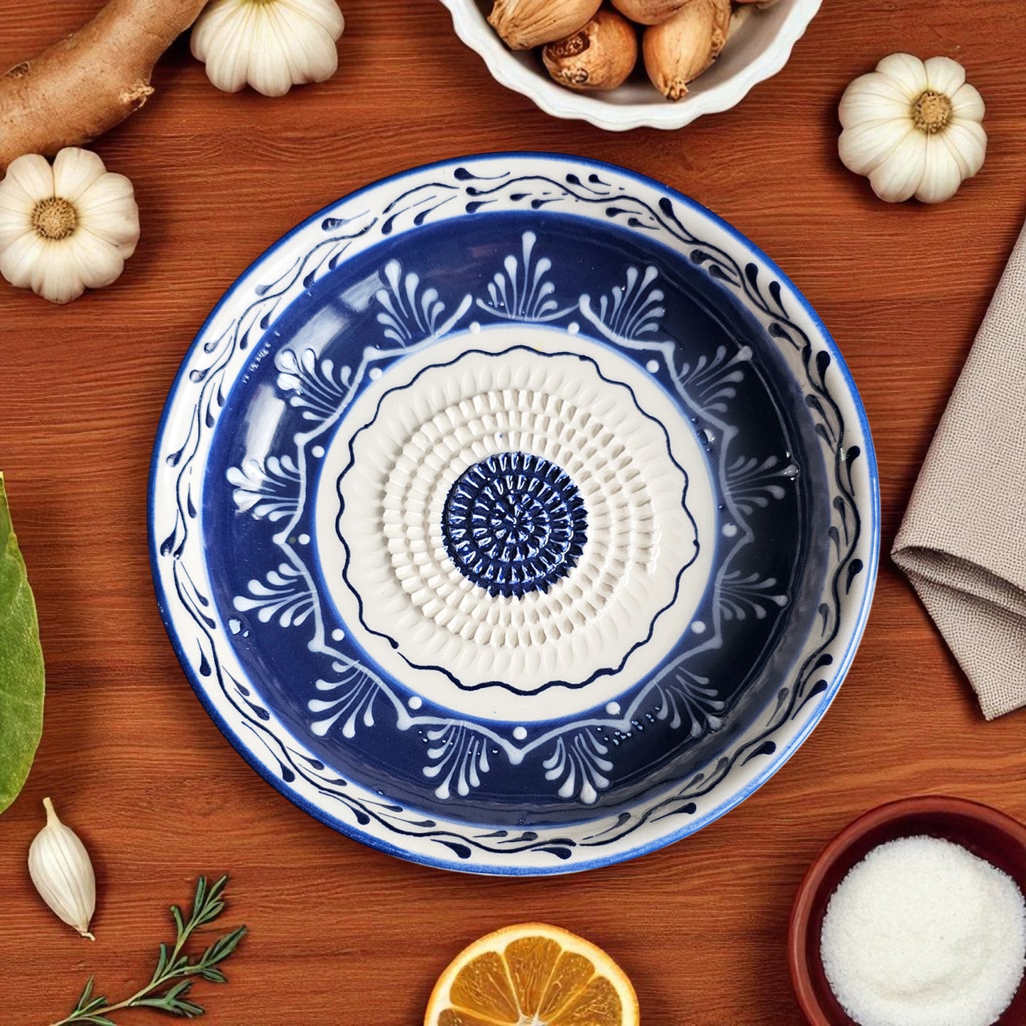Garlic Grater Bowl, Sultan Blue Grater Plate, 7" Ceramic Garlic Grinder, Decorative Grater Bowl