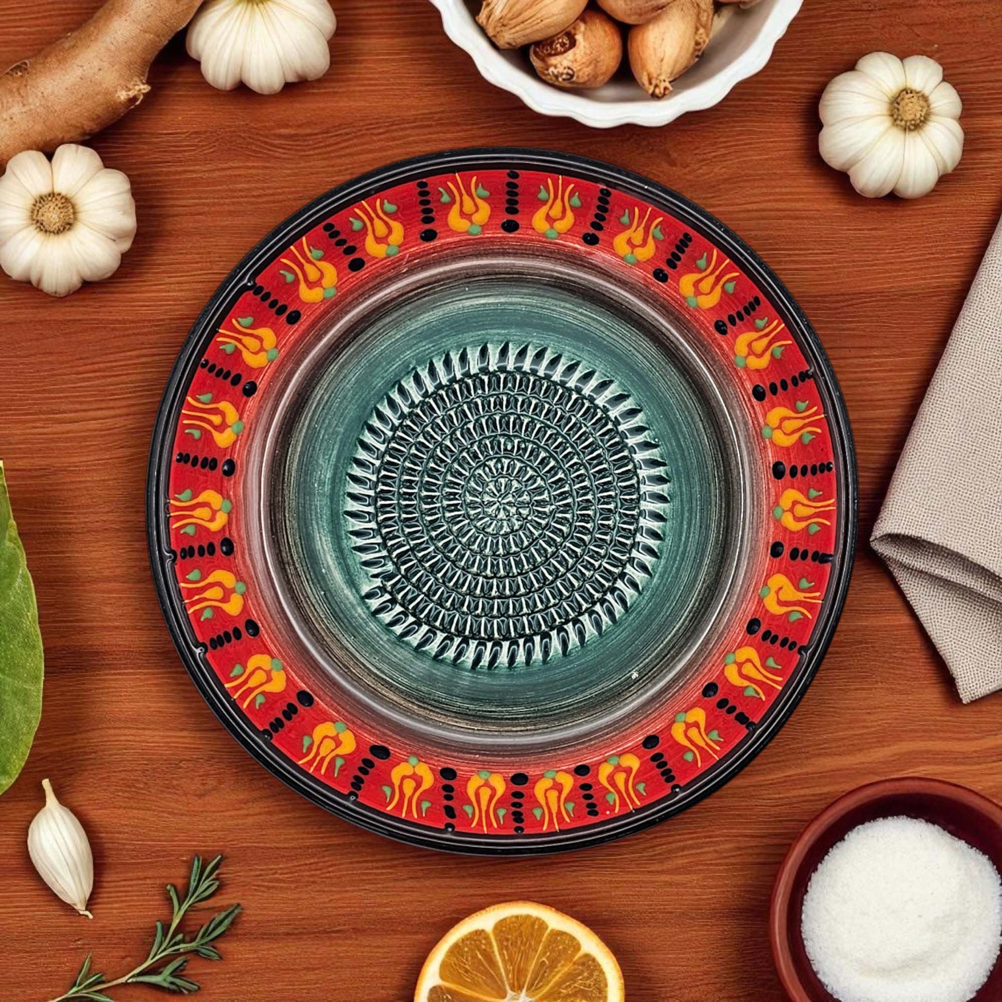Decorative ceramic garlic grater bowl with colorful on a wooden table
