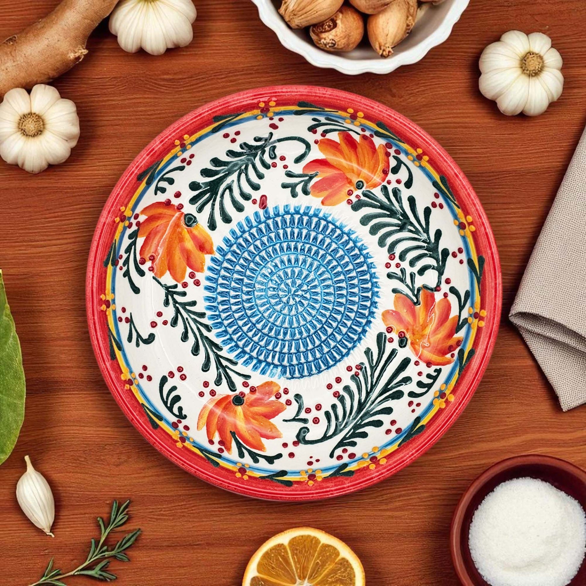 Handmade ceramic garlic grater bowl in Coral Garden design. Large 7” size, perfect for garlic, ginger & spices. Vibrant floral style, dishwasher safe.