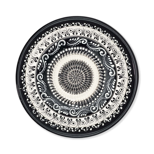 Handmade ceramic garlic grater bowl in Moonlight Maze design. Large 7” size, perfect for garlic, ginger & spices. Elegant monochrome style, dishwasher safe.