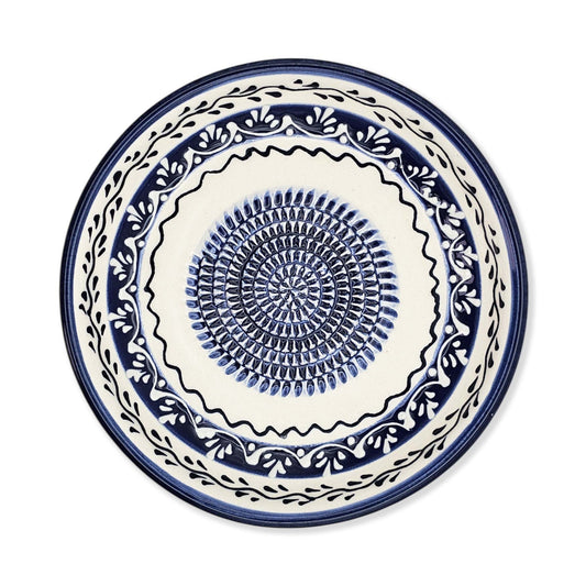 Handmade ceramic garlic grater bowl in Marine Vines design. Large 7” size, perfect for garlic, ginger & spices. Elegant artisan style, dishwasher safe.