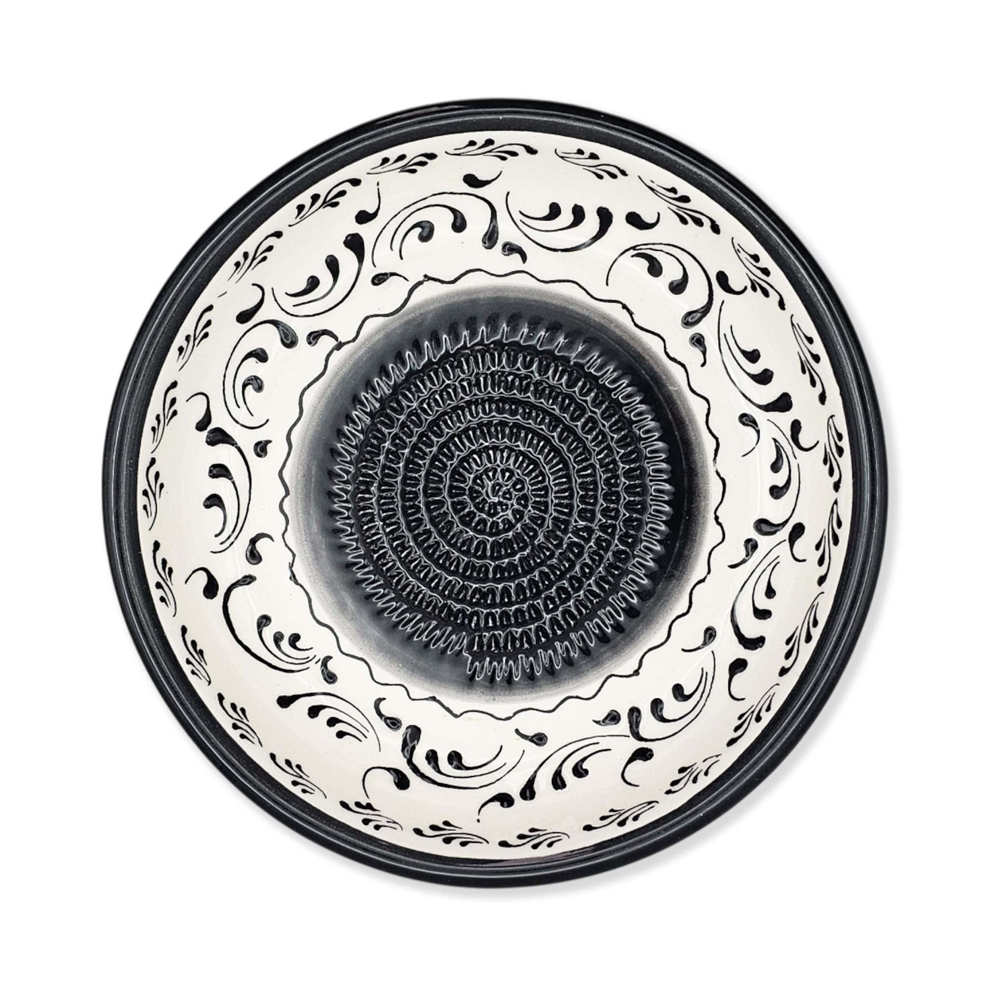 Handmade ceramic garlic grater bowl in Monochrom Swirl design. Large 7” size, perfect for garlic, ginger & spices. Minimalist artisan style, dishwasher safe.