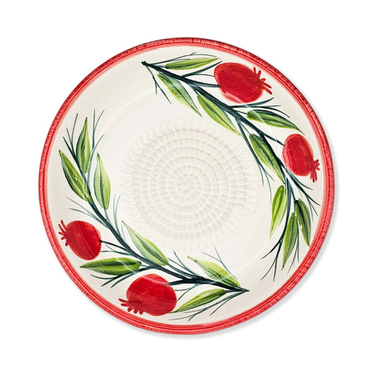 Handmade ceramic garlic grater bowl in Pomegranate Garden design. Large 7” size, perfect for garlic, ginger & spices. Mediterranean artistry, dishwasher safe.
