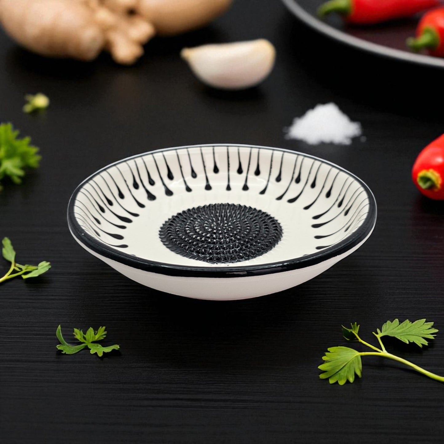 Garlic Grater Bowl, Black Drops Grater Plate, 7" Ceramic Garlic Grinder, Decorative Grater Bowl