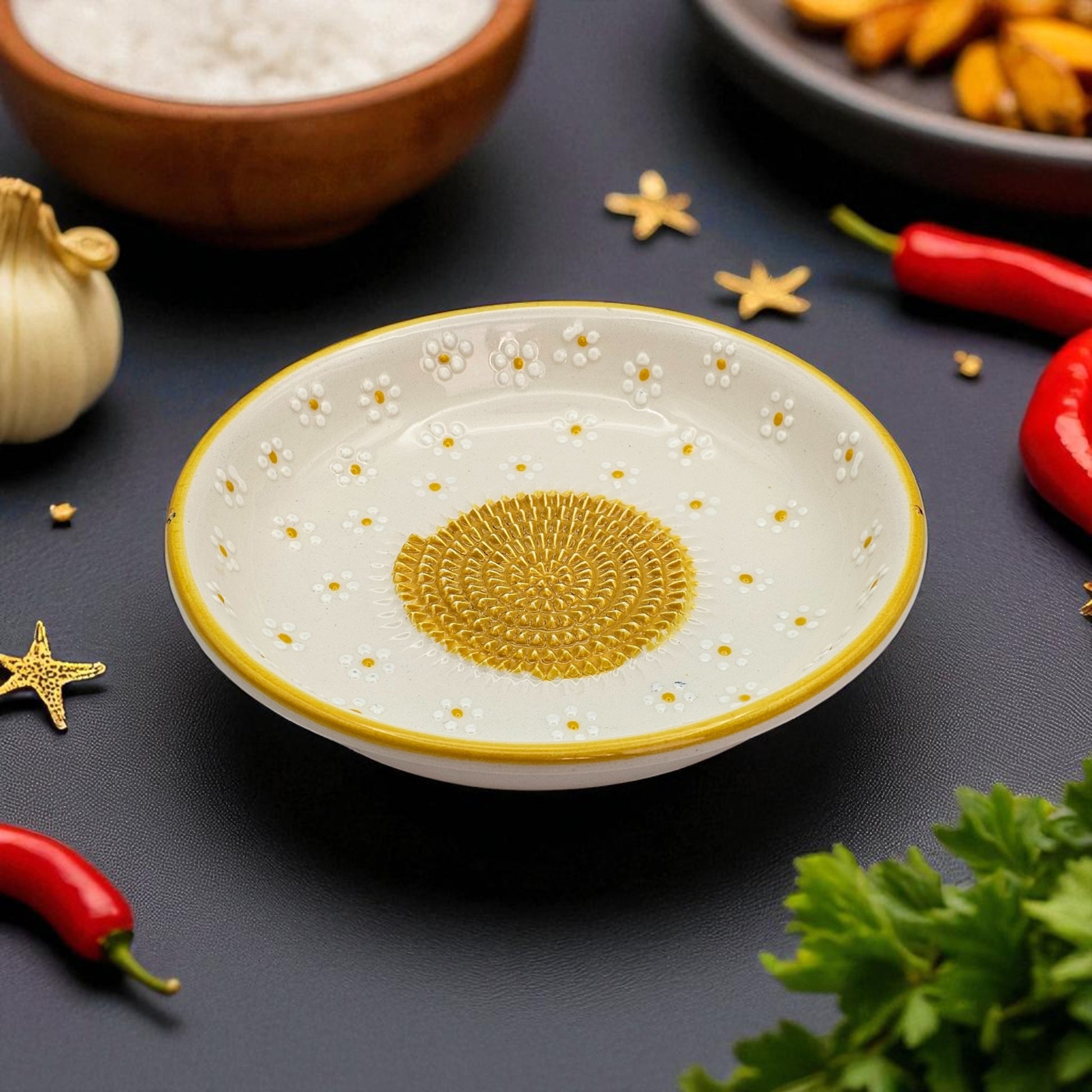 Decorative ceramic garlic grater bowl with gold center on a dark surface with ingredients