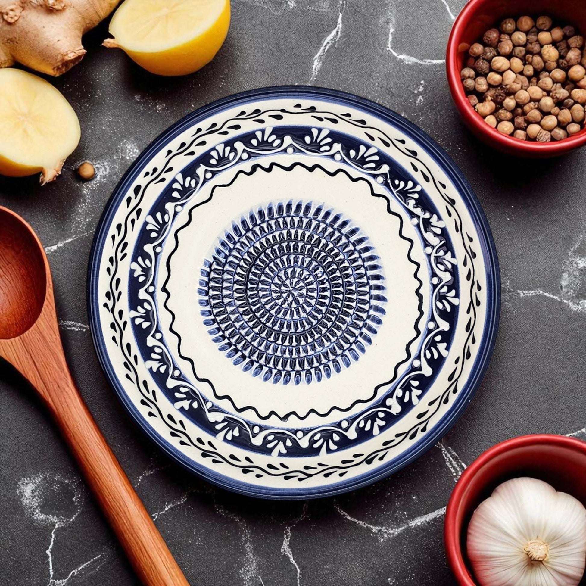 Handmade ceramic garlic grater bowl in Marine Vines design. Large 7” size, perfect for garlic, ginger & spices. Elegant artisan style, dishwasher safe.
