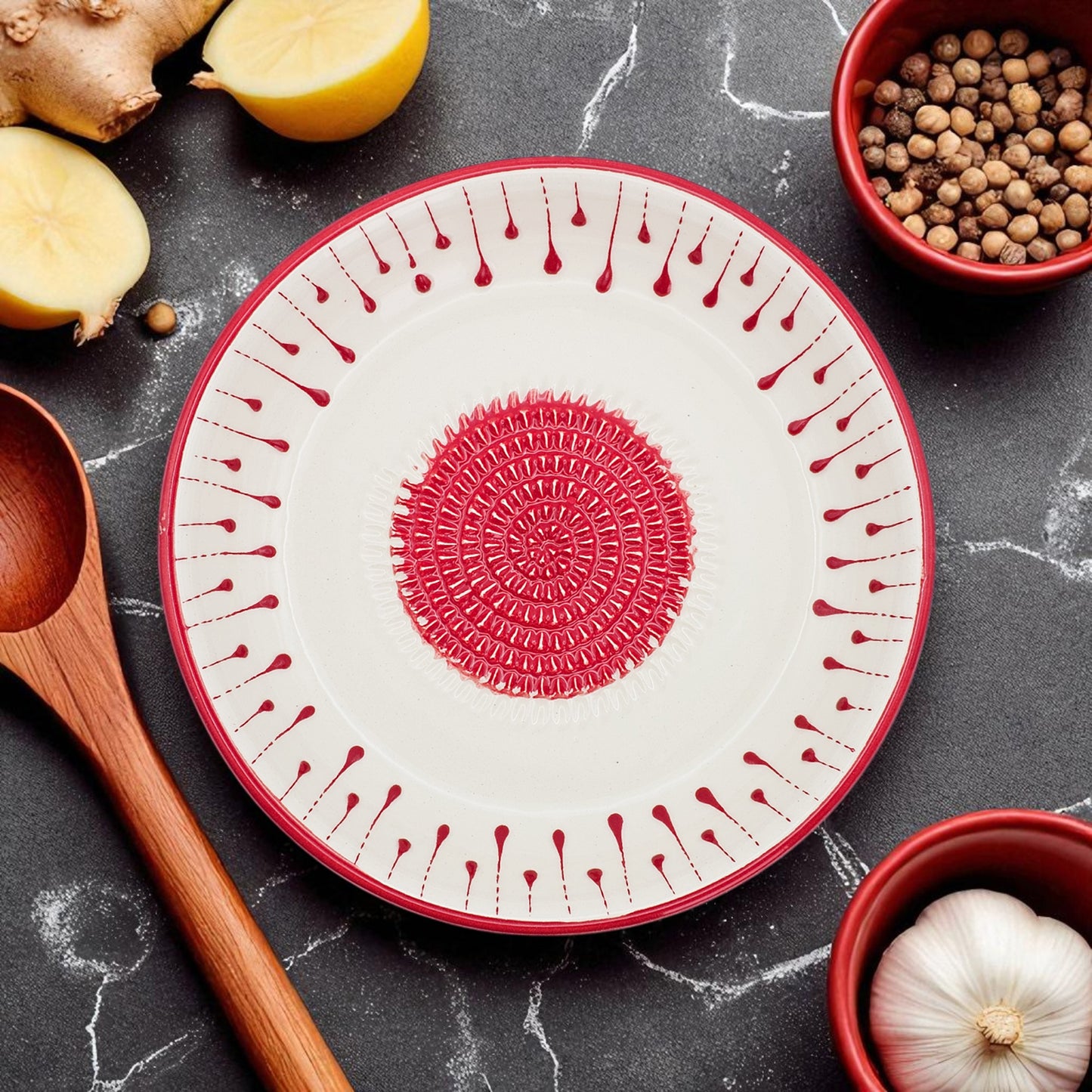Garlic Grater Bowl, Red Drops Grater Plate, 7" Ceramic Garlic Grinder, Decorative Grater Bowl