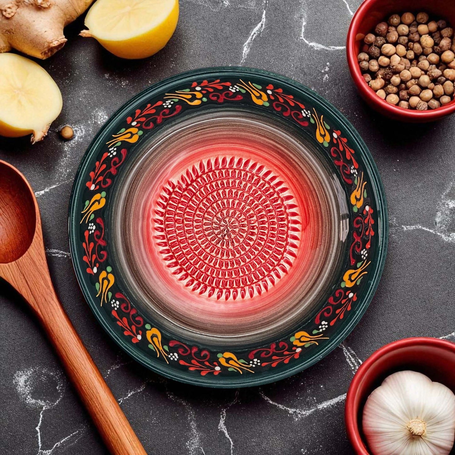 Decorative garlic grater bowl with a red center on a dark surface with kitchen items