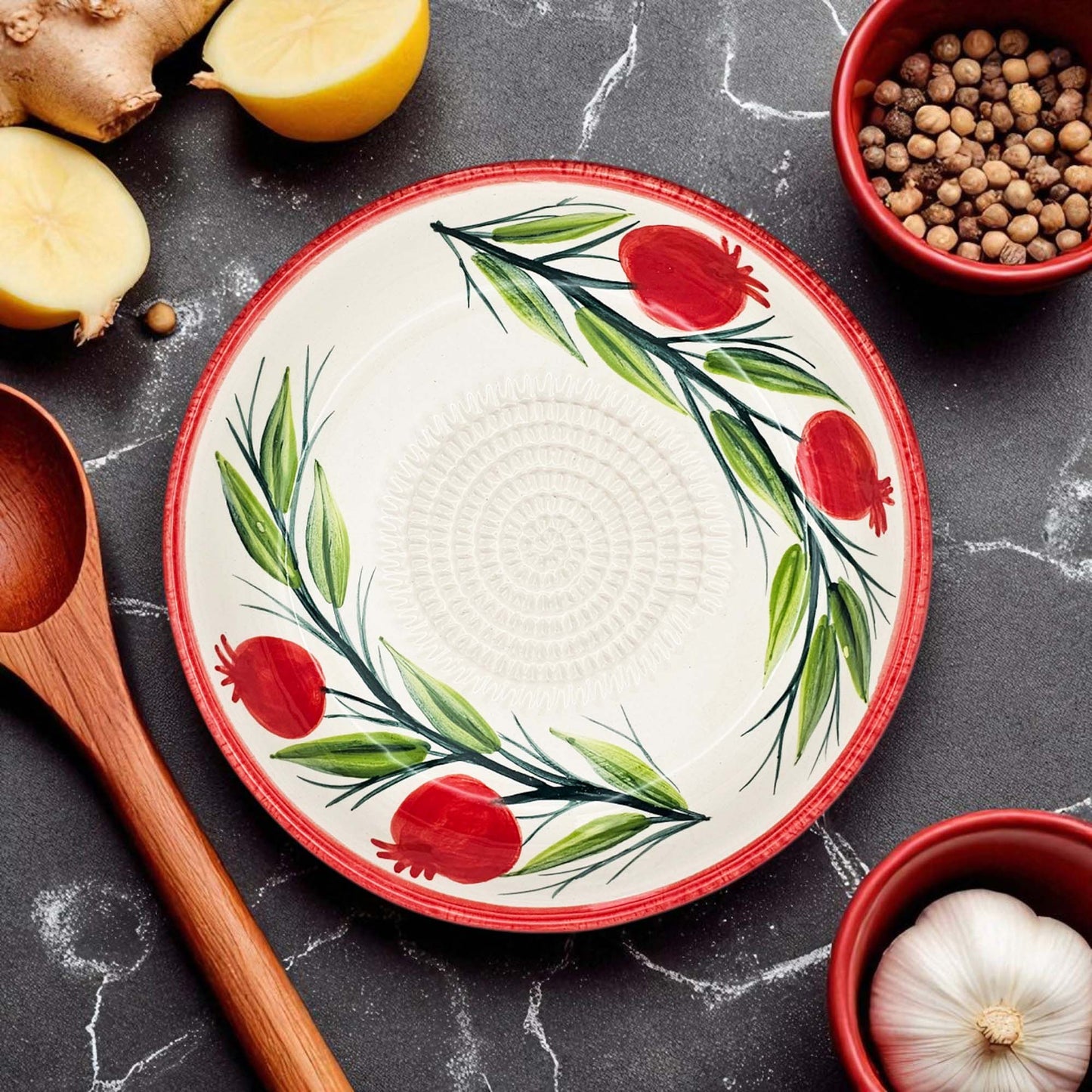 Handmade ceramic garlic grater bowl in Pomegranate Garden design. Large 7” size, perfect for garlic, ginger & spices. Mediterranean artistry, dishwasher safe.