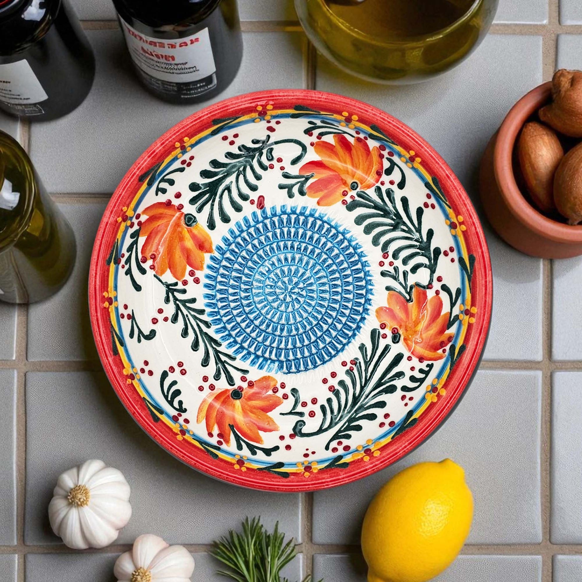 Handmade ceramic garlic grater bowl in Coral Garden design. Large 7” size, perfect for garlic, ginger & spices. Vibrant floral style, dishwasher safe.