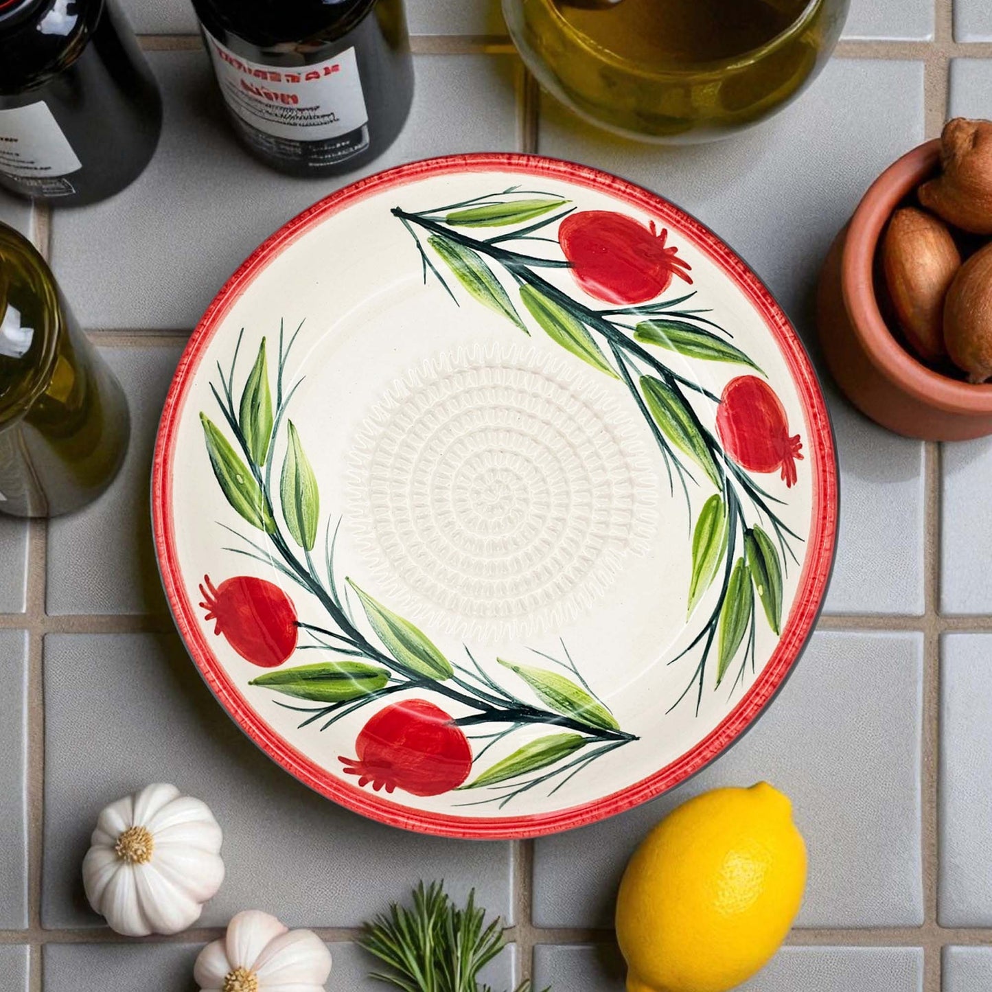Handmade ceramic garlic grater bowl in Pomegranate Garden design. Large 7” size, perfect for garlic, ginger & spices. Mediterranean artistry, dishwasher safe.