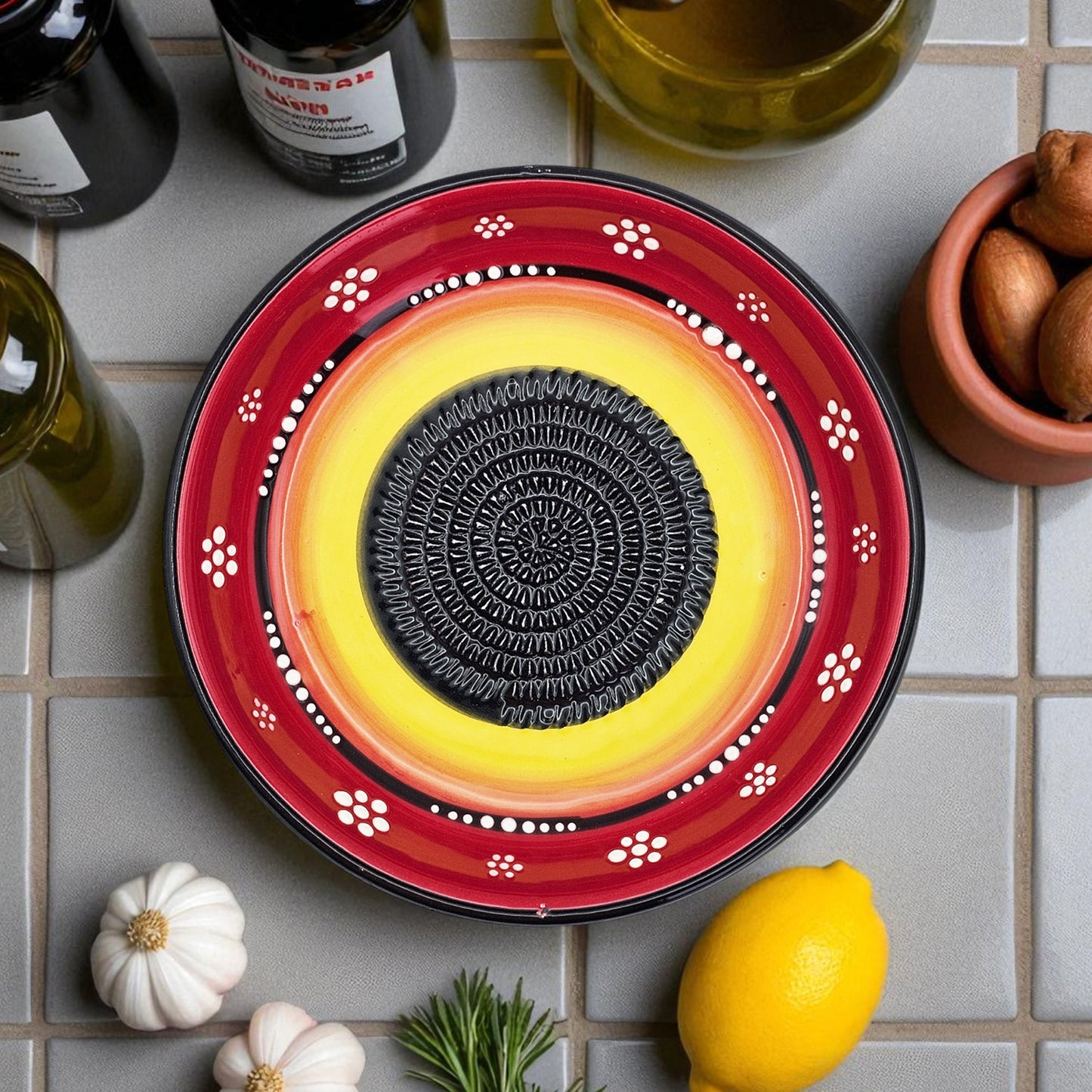 Garlic Grater Bowl, Daisy Red Grater Plate, 7" Ceramic Garlic Grinder, Decorative Grater Bowl