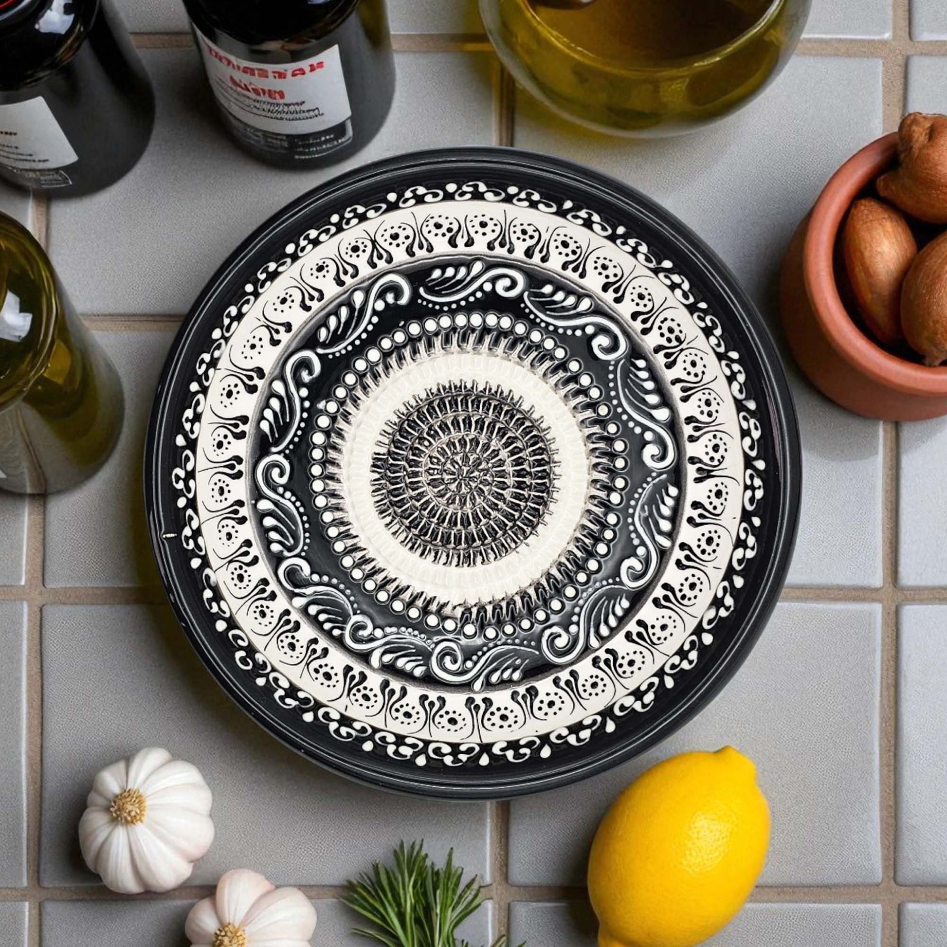 Handmade ceramic garlic grater bowl in Moonlight Maze design. Large 7” size, perfect for garlic, ginger & spices. Elegant monochrome style, dishwasher safe.