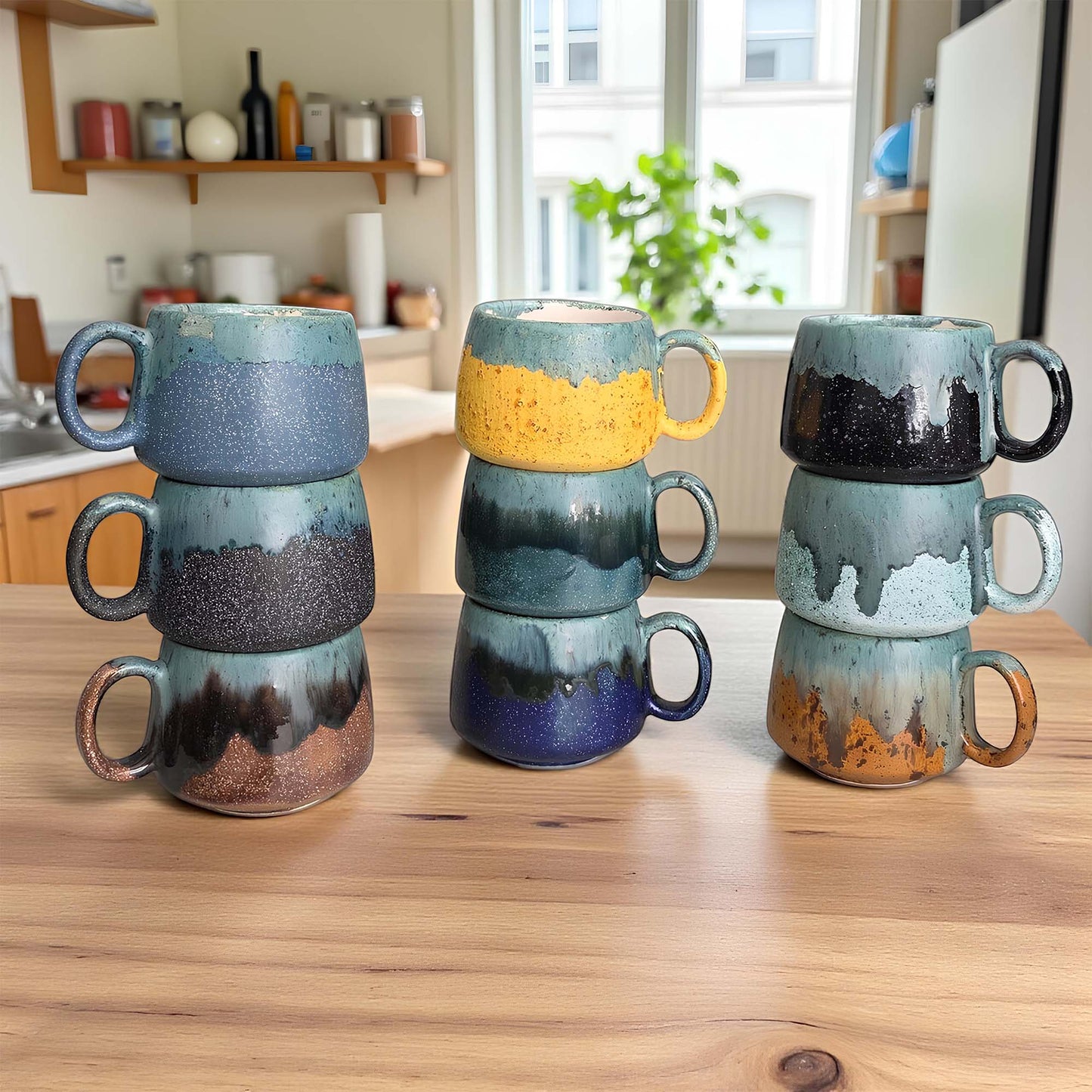 Stacked ceramic mugs with unique glaze patterns on a wooden surface.