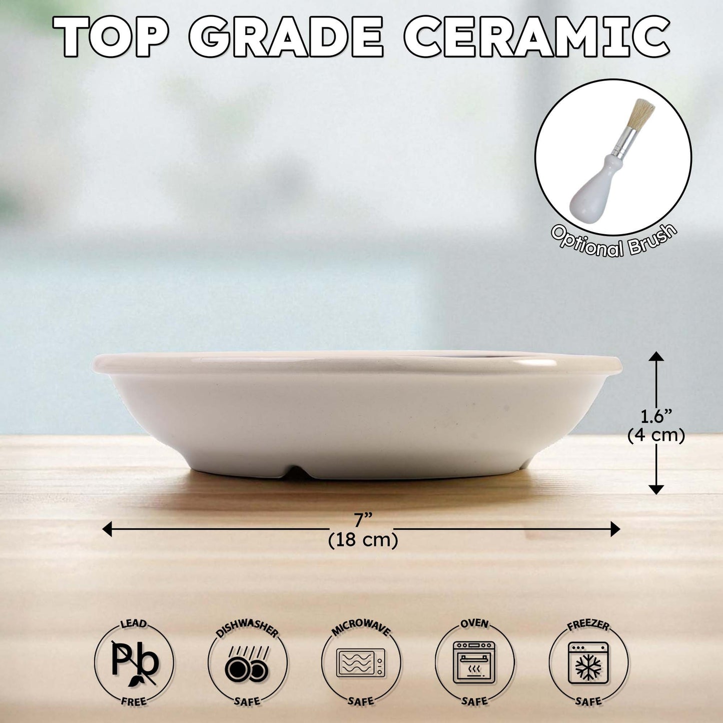 White ceramic garlic grater bowl with measurements and safety icons on a wooden surface