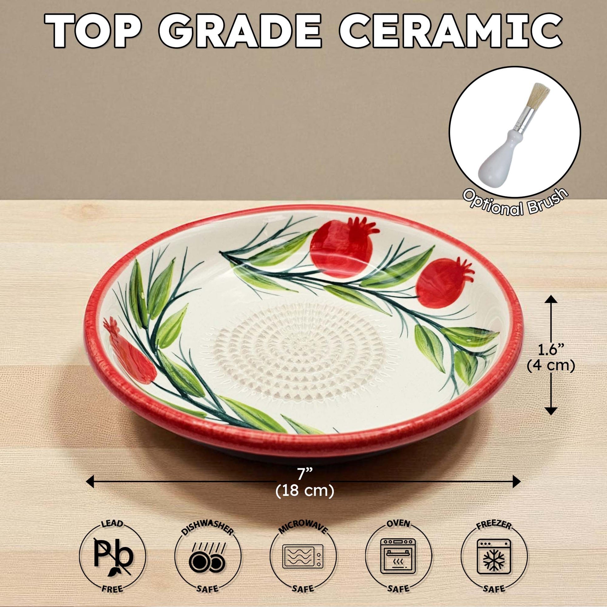 Handmade ceramic garlic grater bowl in Pomegranate Garden design. Large 7” size, perfect for garlic, ginger & spices. Mediterranean artistry, dishwasher safe.