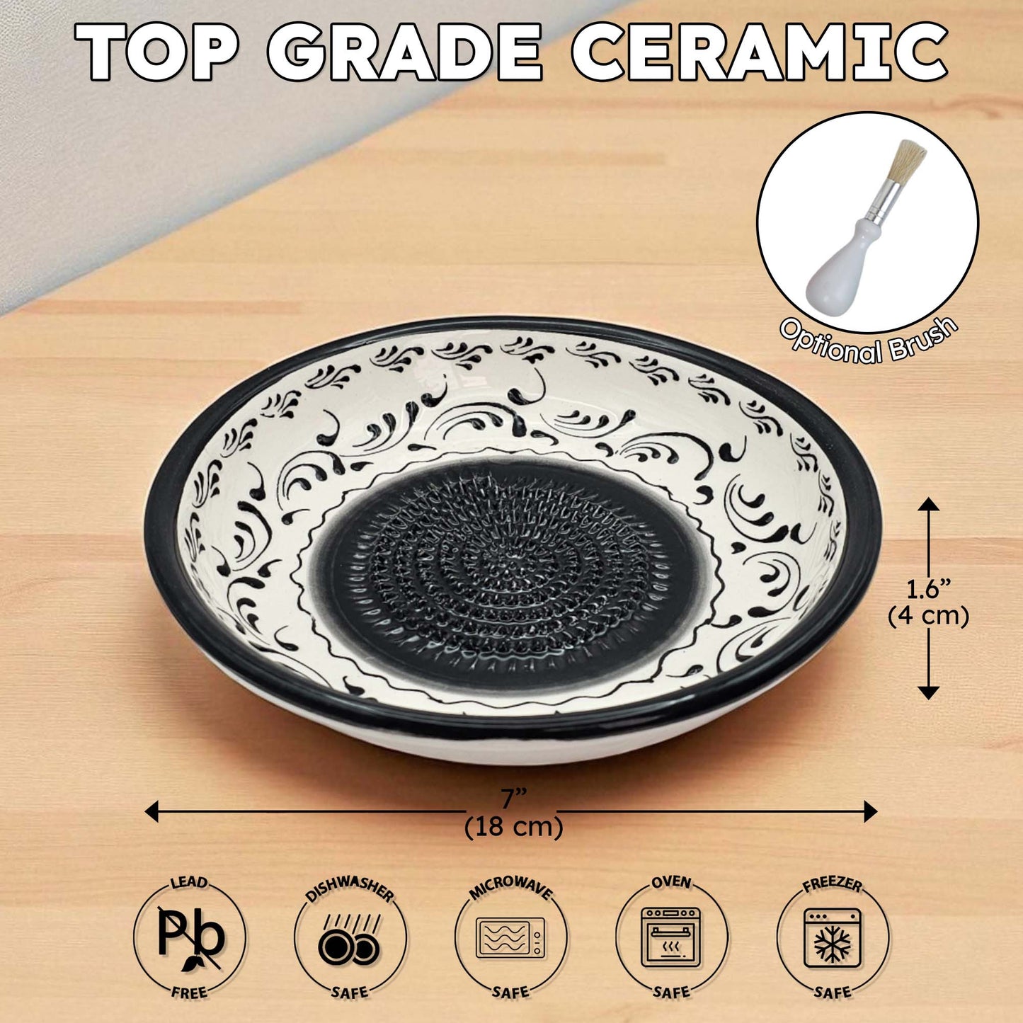 Handmade ceramic garlic grater bowl in Monochrom Swirl design. Large 7” size, perfect for garlic, ginger & spices. Minimalist artisan style, dishwasher safe.