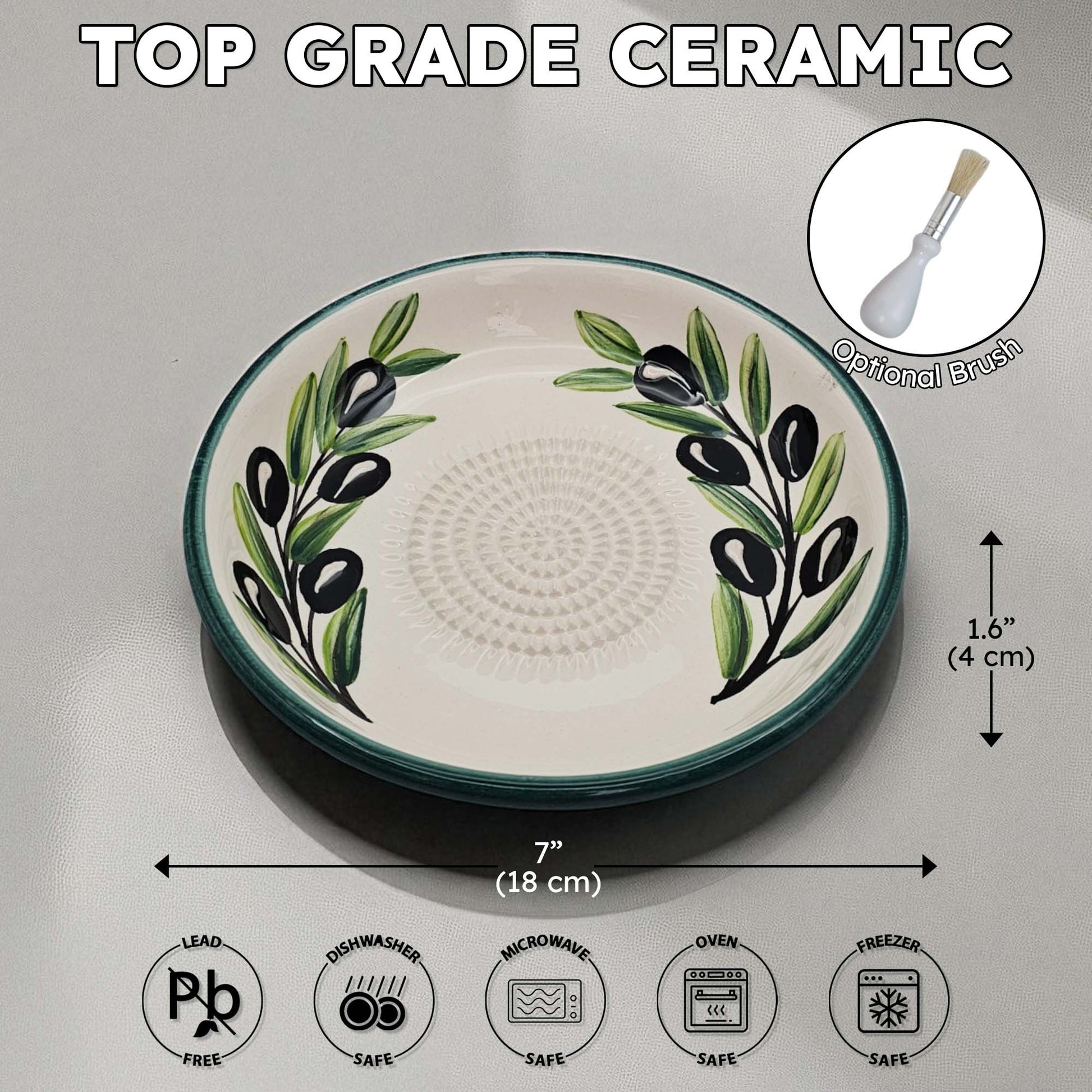 Ceramic garlic grater bowl with olive design on a gray background, featuring dimensions and safety icons.