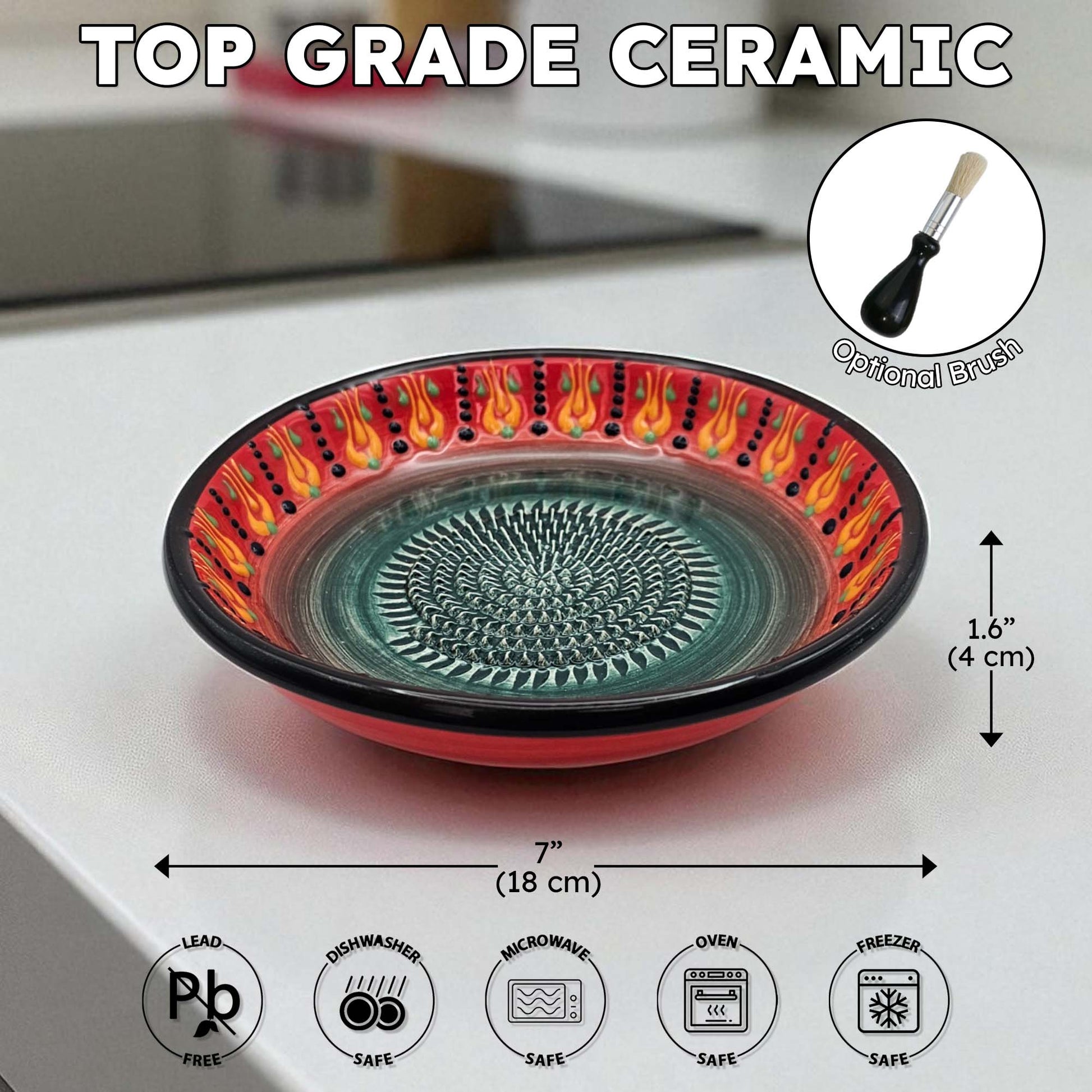 Ceramic garlic grater bowl with flame design on a white surface, featuring dimensions and safety icons.