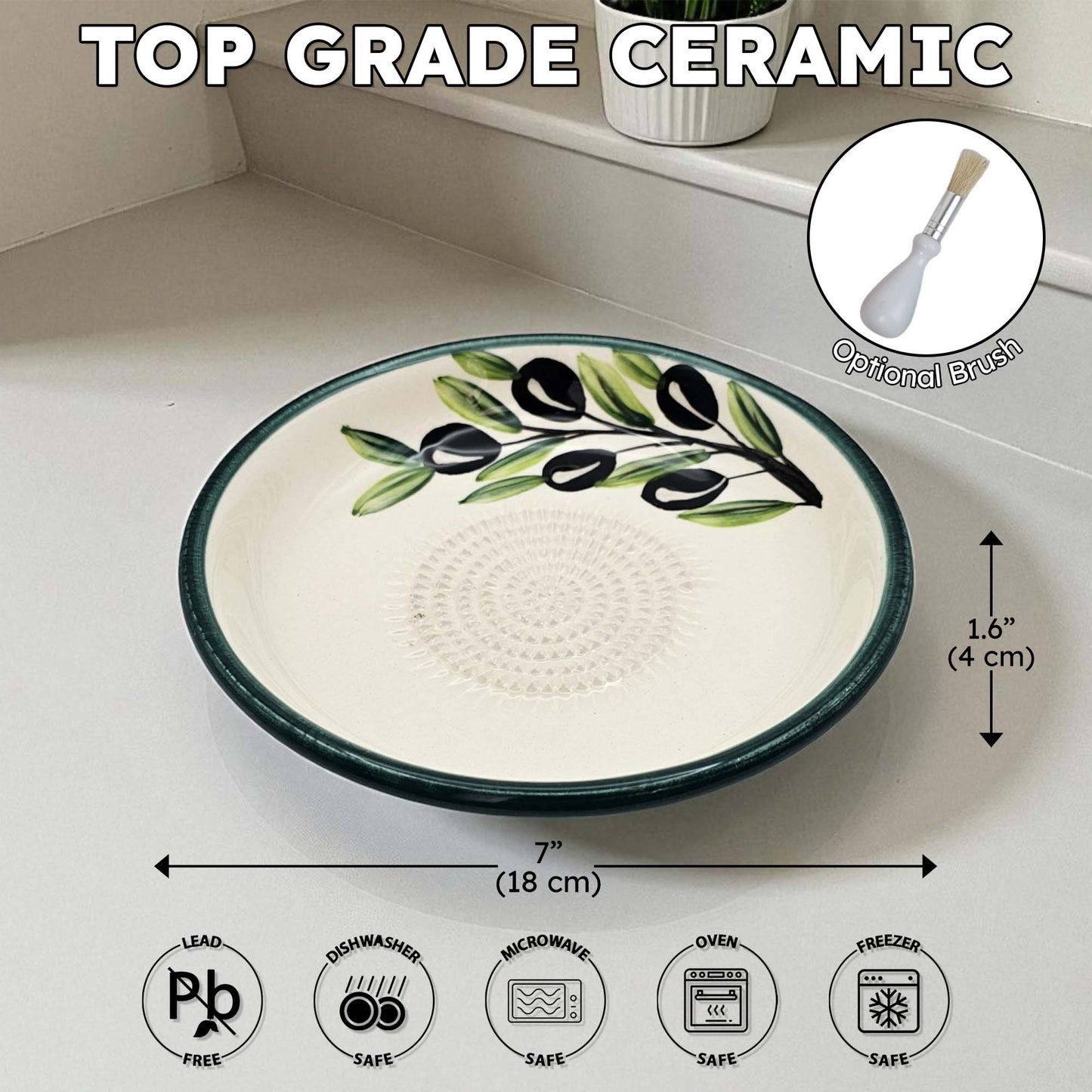 Top grade ceramic garlic grater bowl with olive design on a white surface, featuring dimensions and safety icons.