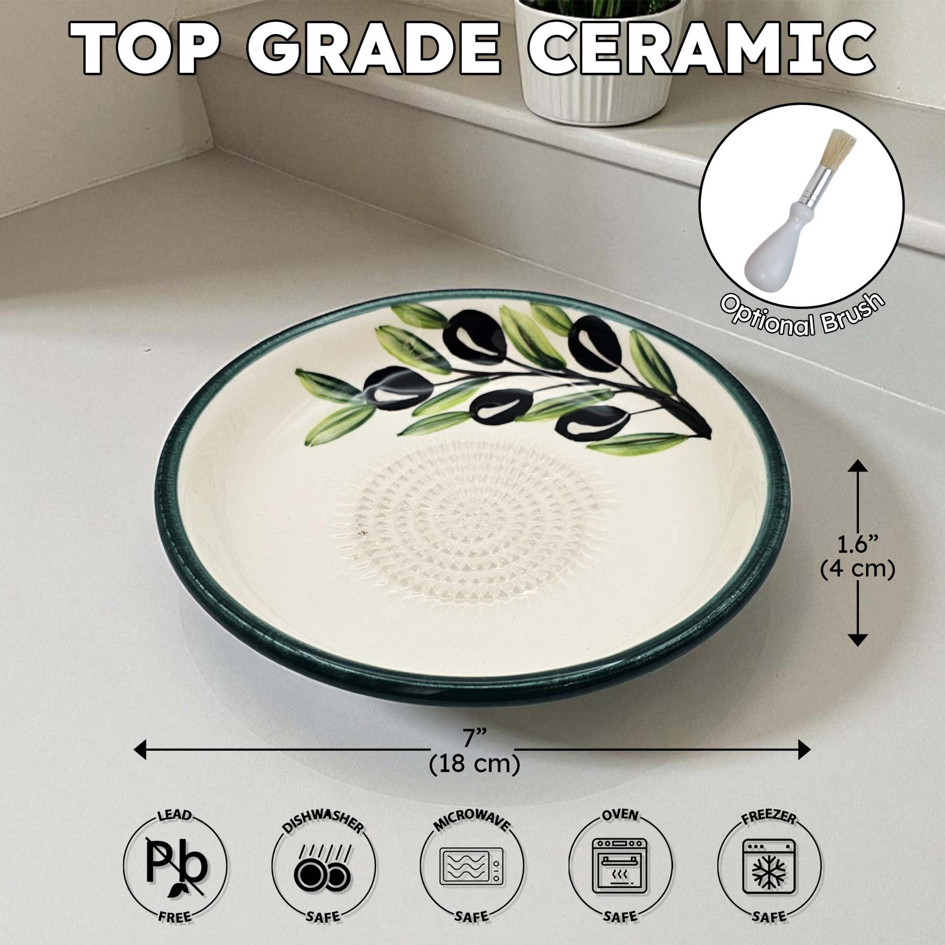 Top grade ceramic garlic grater bowl with olive design on a white surface, featuring dimensions and safety icons.
