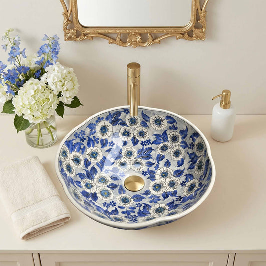 Blue Blossom Ceramic Vessel Sink, Handpainted Floral Bathroom Basin