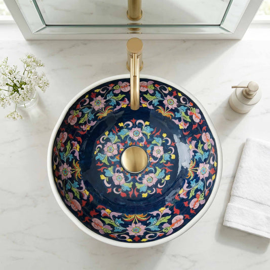 Midnight Garden Ceramic Vessel Sink, Handpainted Floral Bathroom Basin