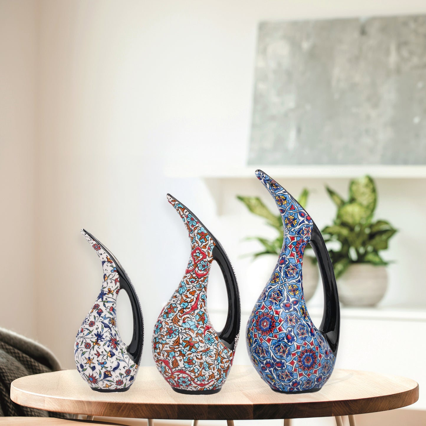 Handmade Ceramic Ewer, Ottoman Floral Decorative Ewer, Decorative Pitchers Set of 3
