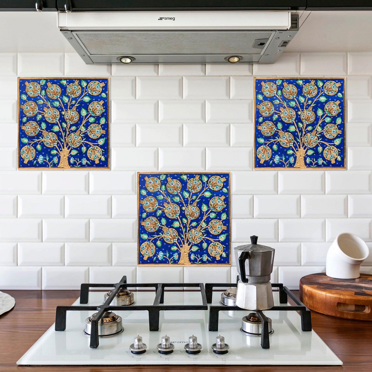 Handmade Ceramic Tile, Blue Pomegranate Tree Tile